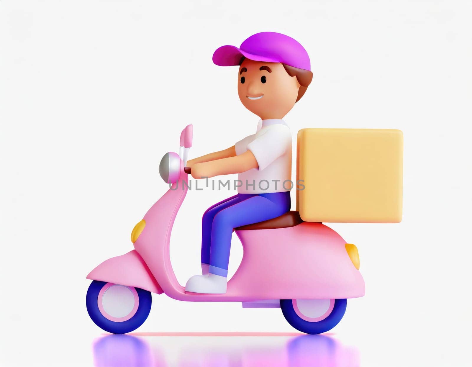 3D Character Delivery man riding a motorcycle with delivery box.