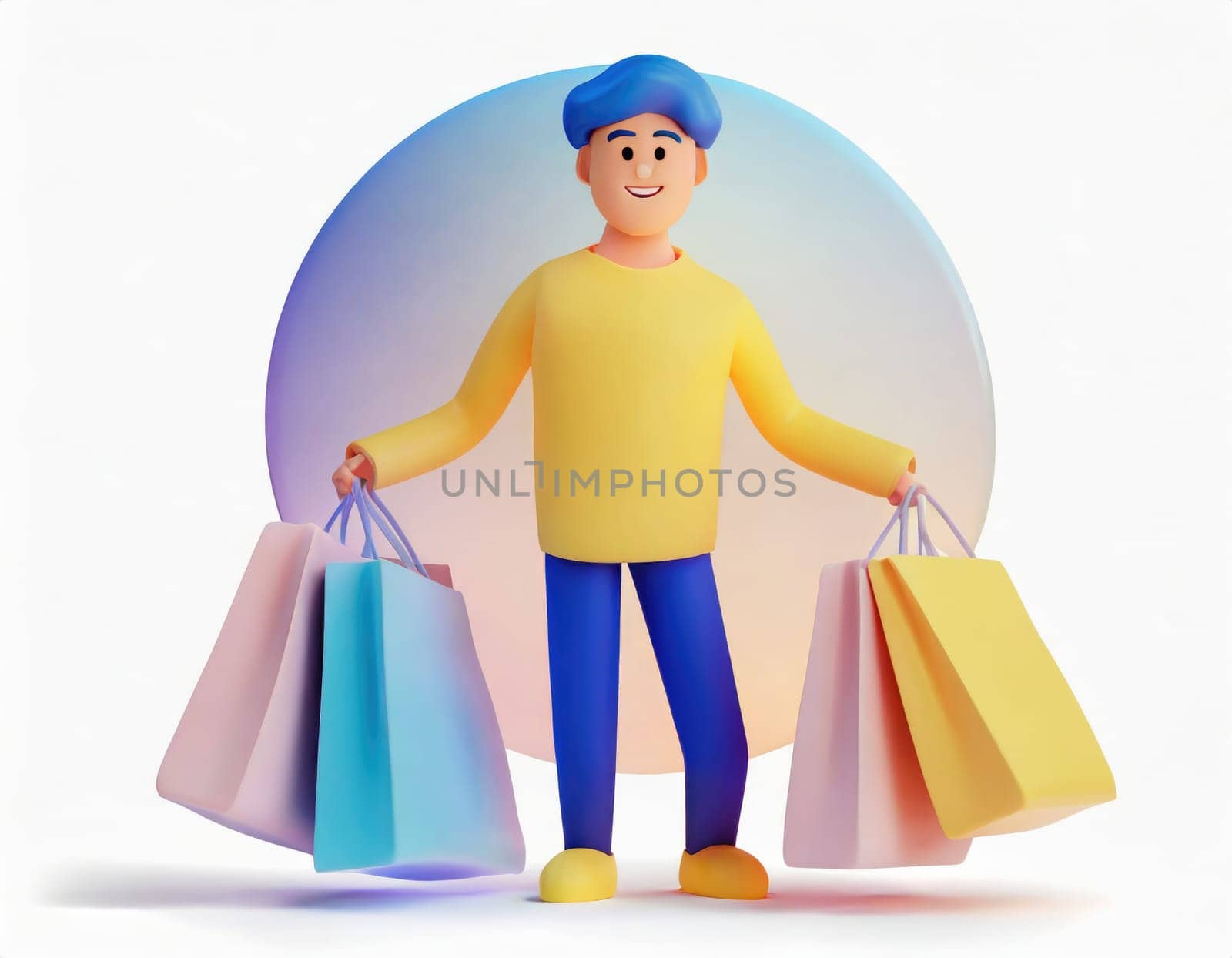 3D Character with fun shopping online shop on smart phone. AI generated. by PeaceYAY