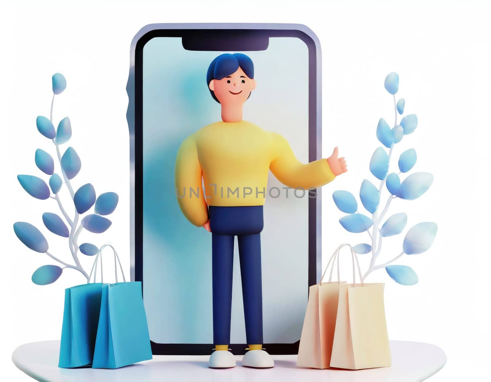 3D Character with fun shopping online shop on smart phone. AI generated. by PeaceYAY