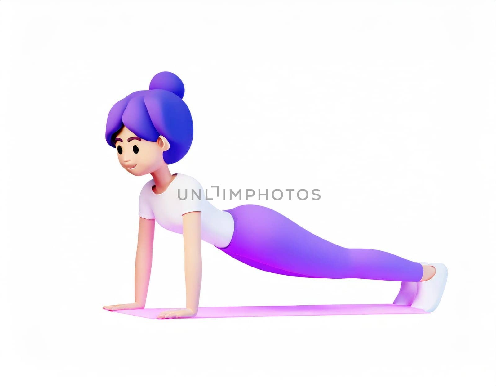 3D Character practicing yoga doing push and press ups plank pose.