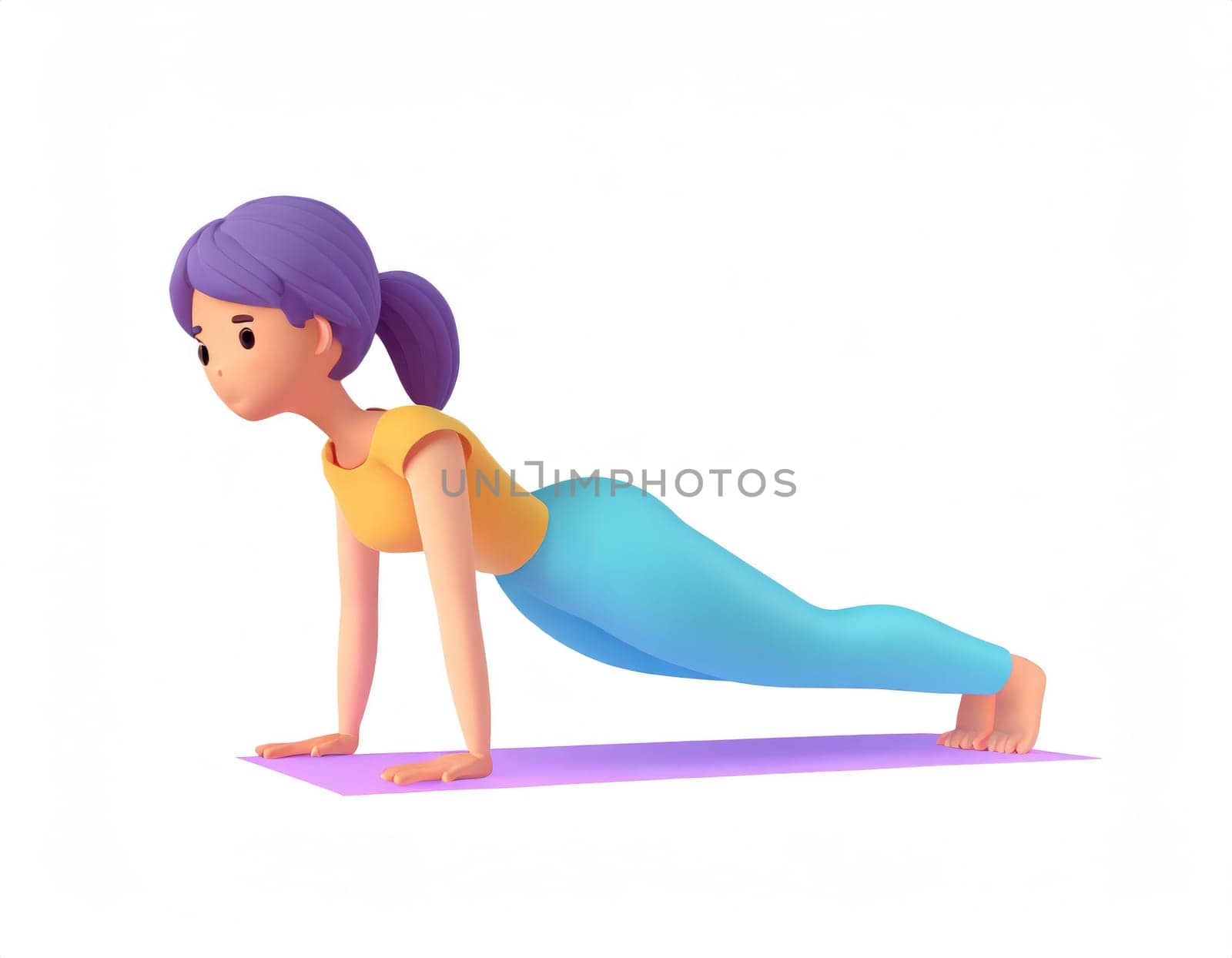 3D Character practicing yoga doing push and press ups plank pose.