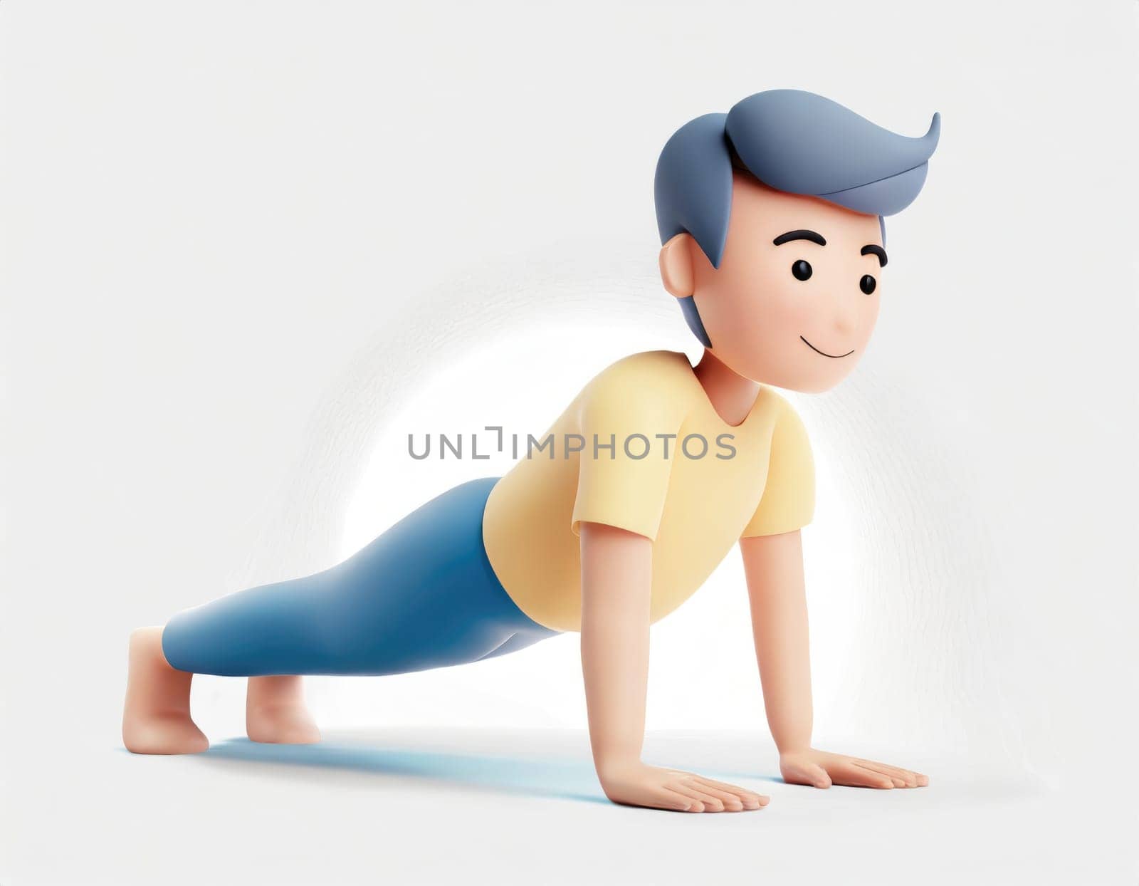 3D Character practicing yoga doing push and press ups plank pose.