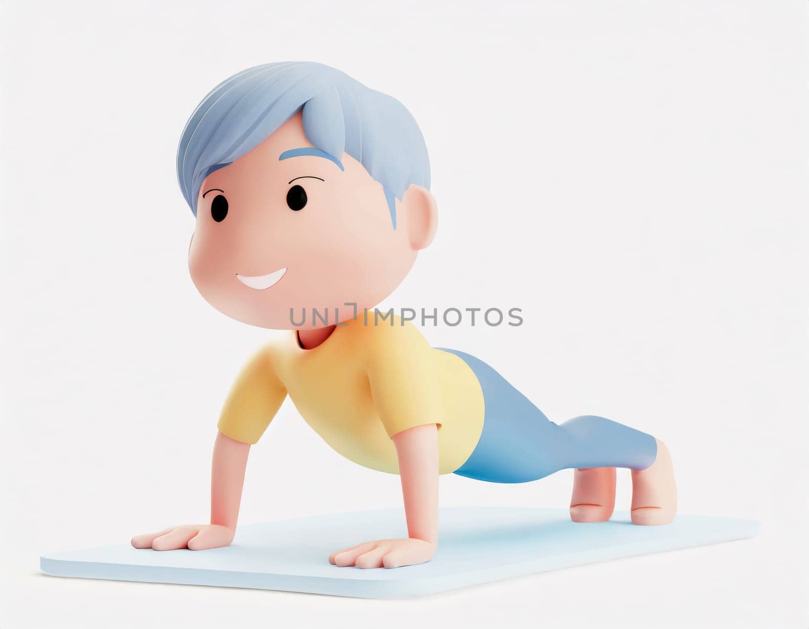 3D Character practicing yoga doing push and press ups plank pose.