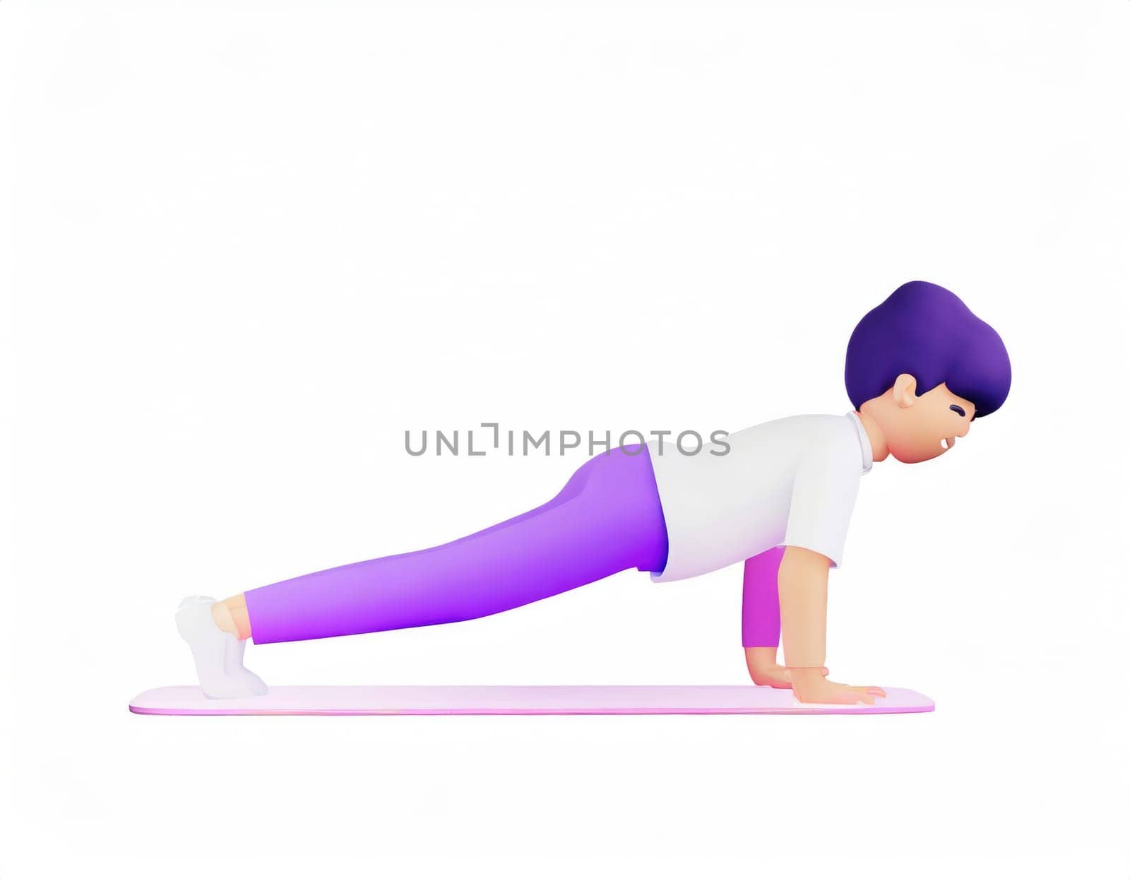 3D Character practicing yoga doing push and press ups plank pose.