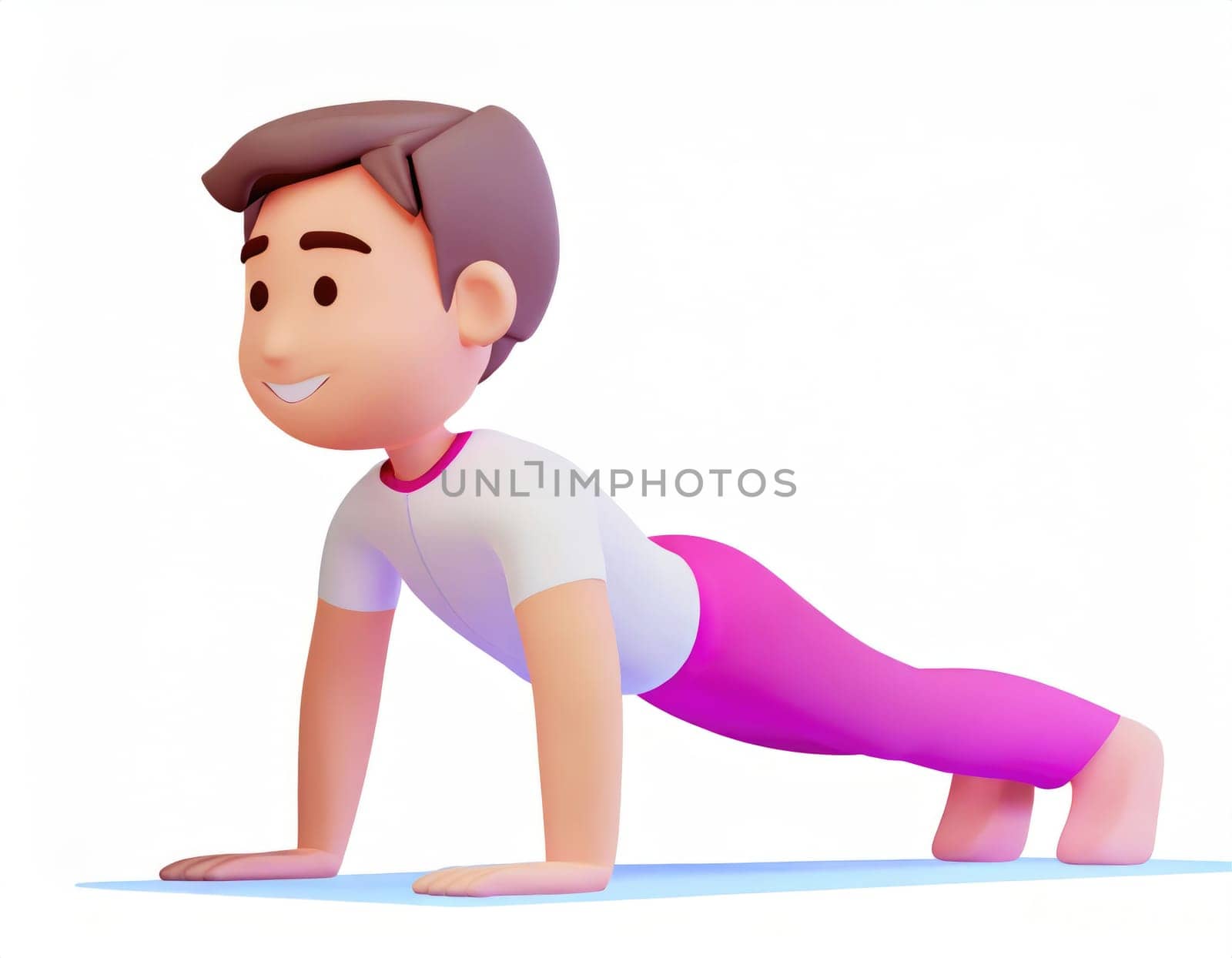 3D Character practicing yoga doing push and press ups plank pose.