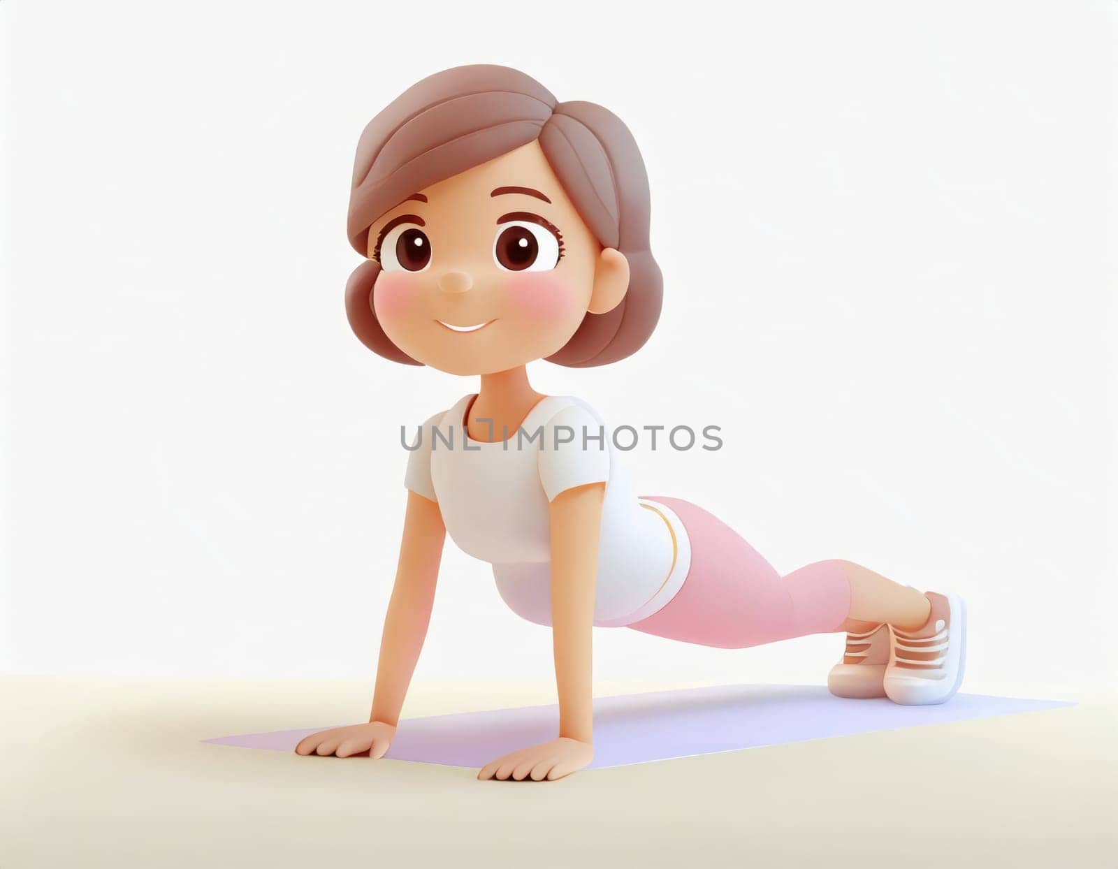 3D Character practicing yoga doing push and press ups plank pose.