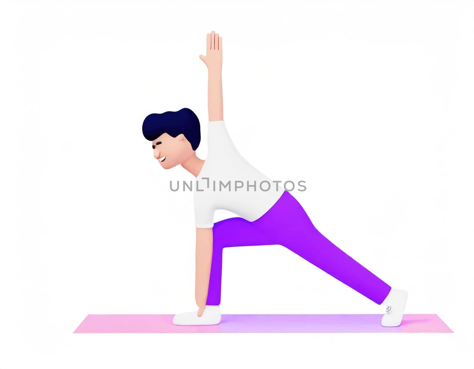 3D Character practicing yoga doing push and press ups plank pose.