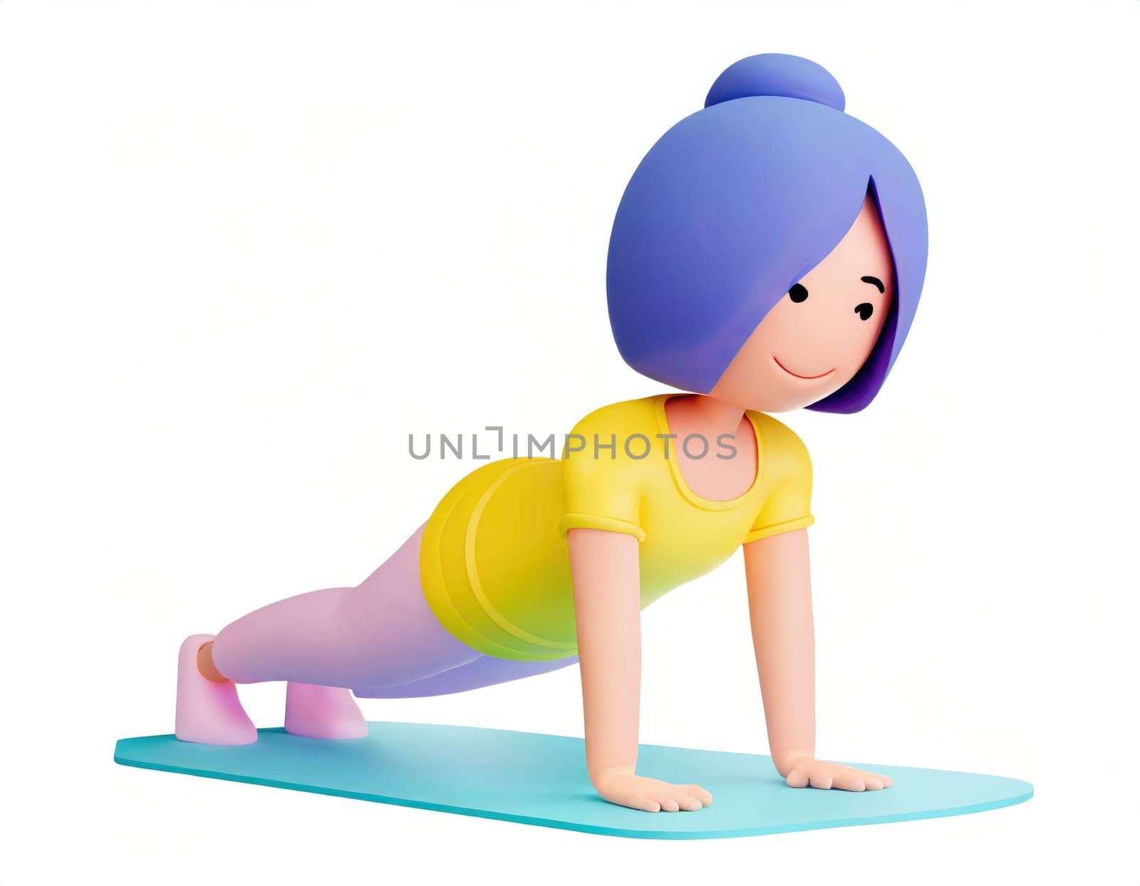 3D Character practicing yoga doing push and press ups plank pose.