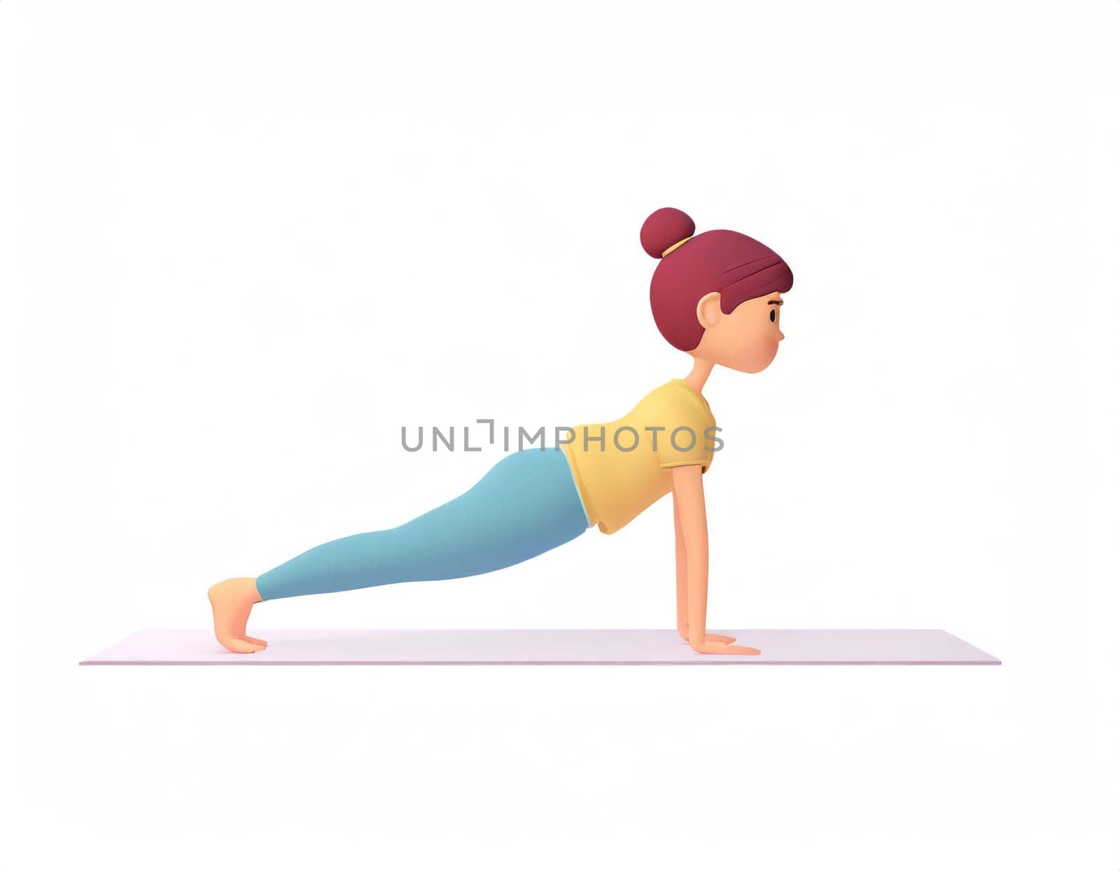 3D Character practicing yoga doing push and press ups plank pose.