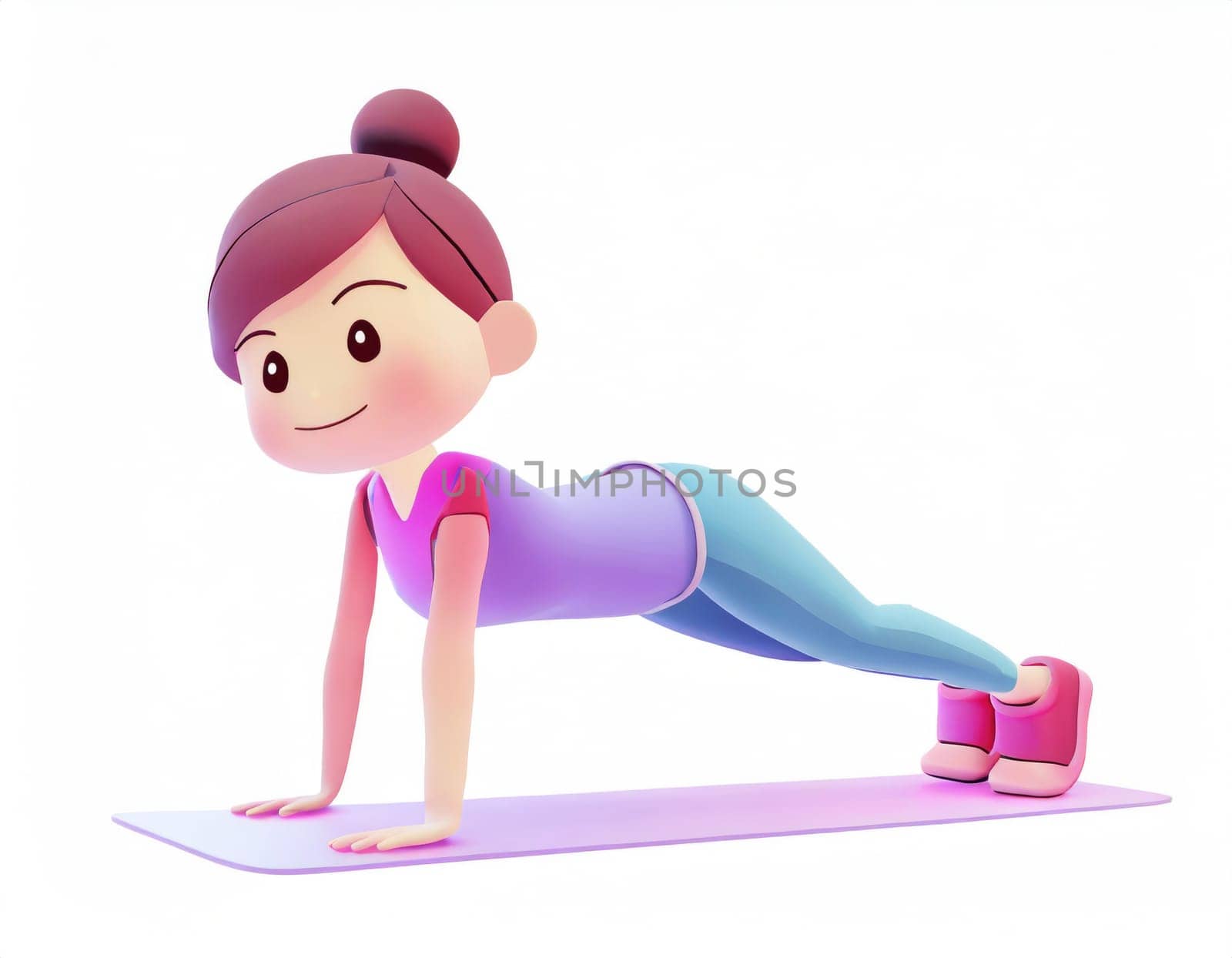 3D Character practicing yoga doing push and press ups plank pose.