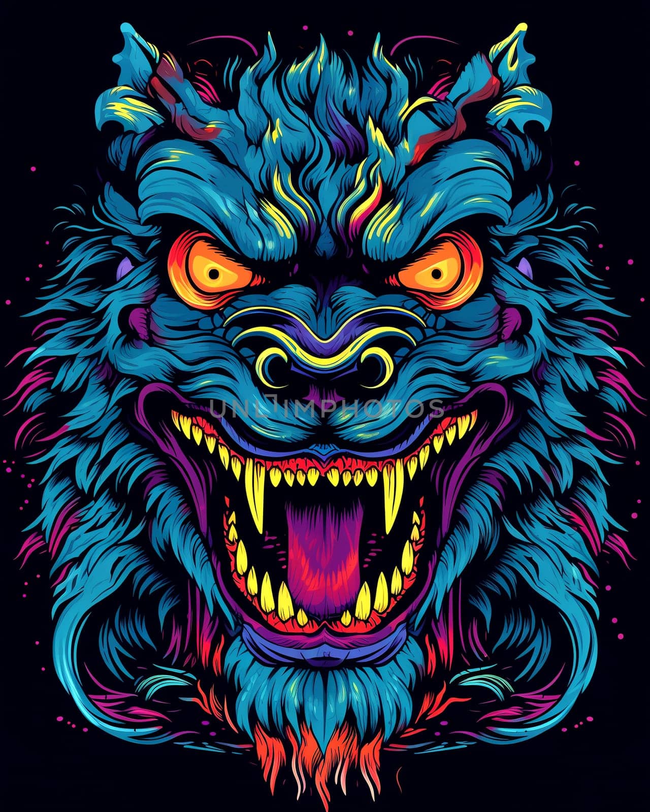 Bright psychedelic monster poster. Horror poster mystical head psychedelic monster. AI Generated.