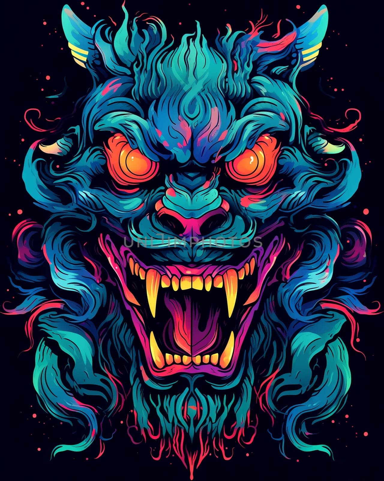 Bright psychedelic monster poster. Horror poster mystical head psychedelic monster. AI Generated.