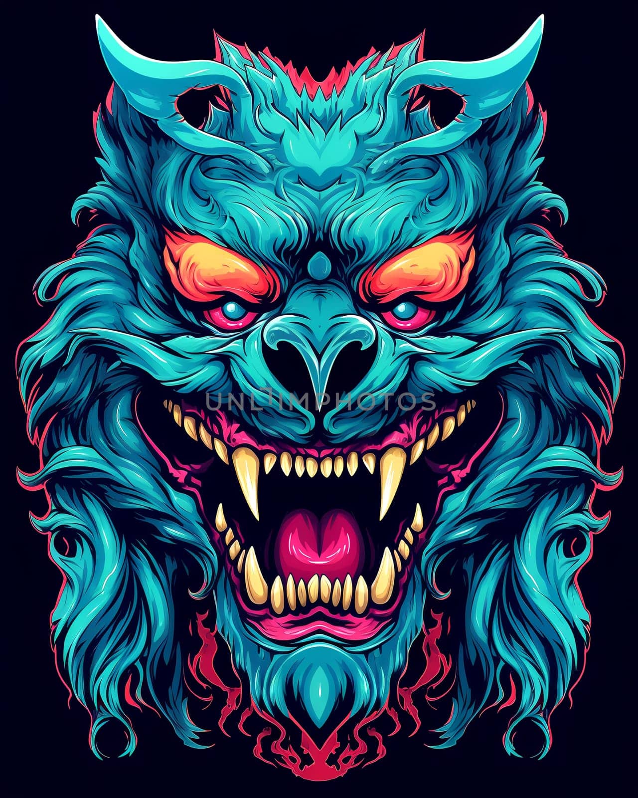 Bright psychedelic monster poster. Horror poster mystical head psychedelic monster. AI Generated.