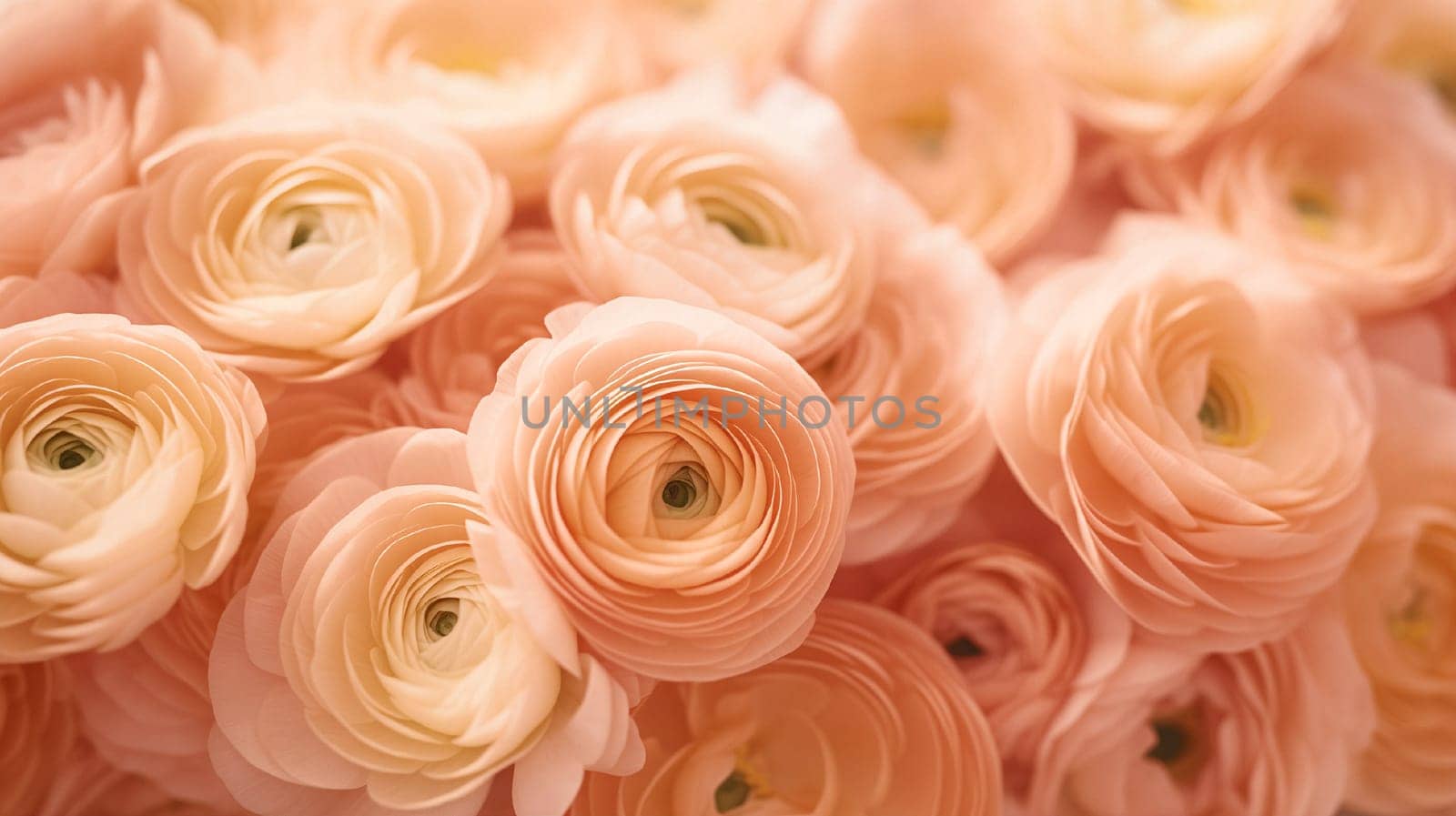 Close-up of Ranunculus flowers in the 2024 color Peach Fuzz. by kizuneko