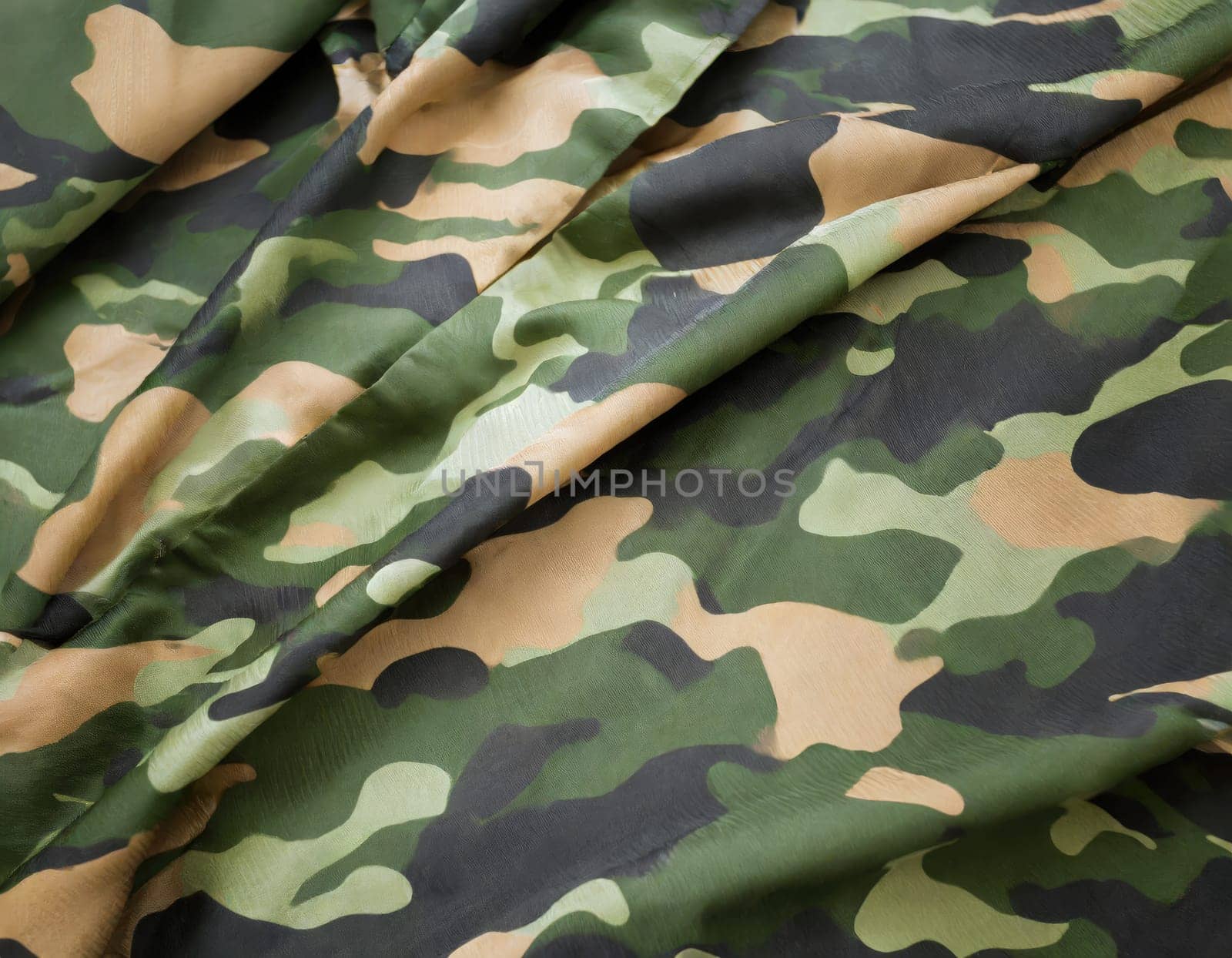 Camouflage texture in a military style on silk fabric. Hight realistics silk. AI Generated. by PeaceYAY