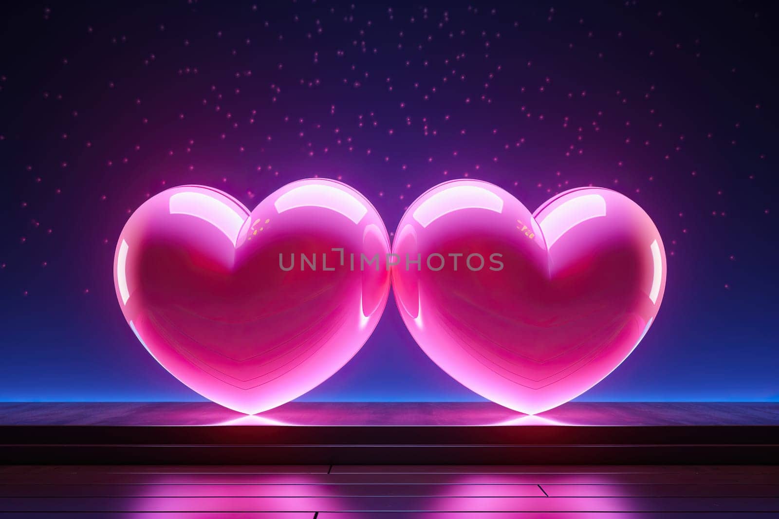 Two large pink hearts with a neon glow on a blue background. Valentine's Day concept.
