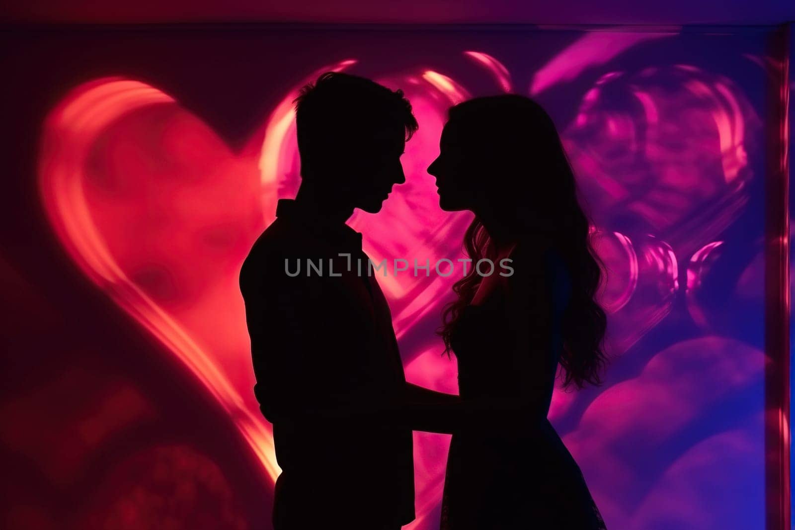 Silhouette of a couple in love. Valentine's Day concept. Generated by artificial intelligence by Vovmar