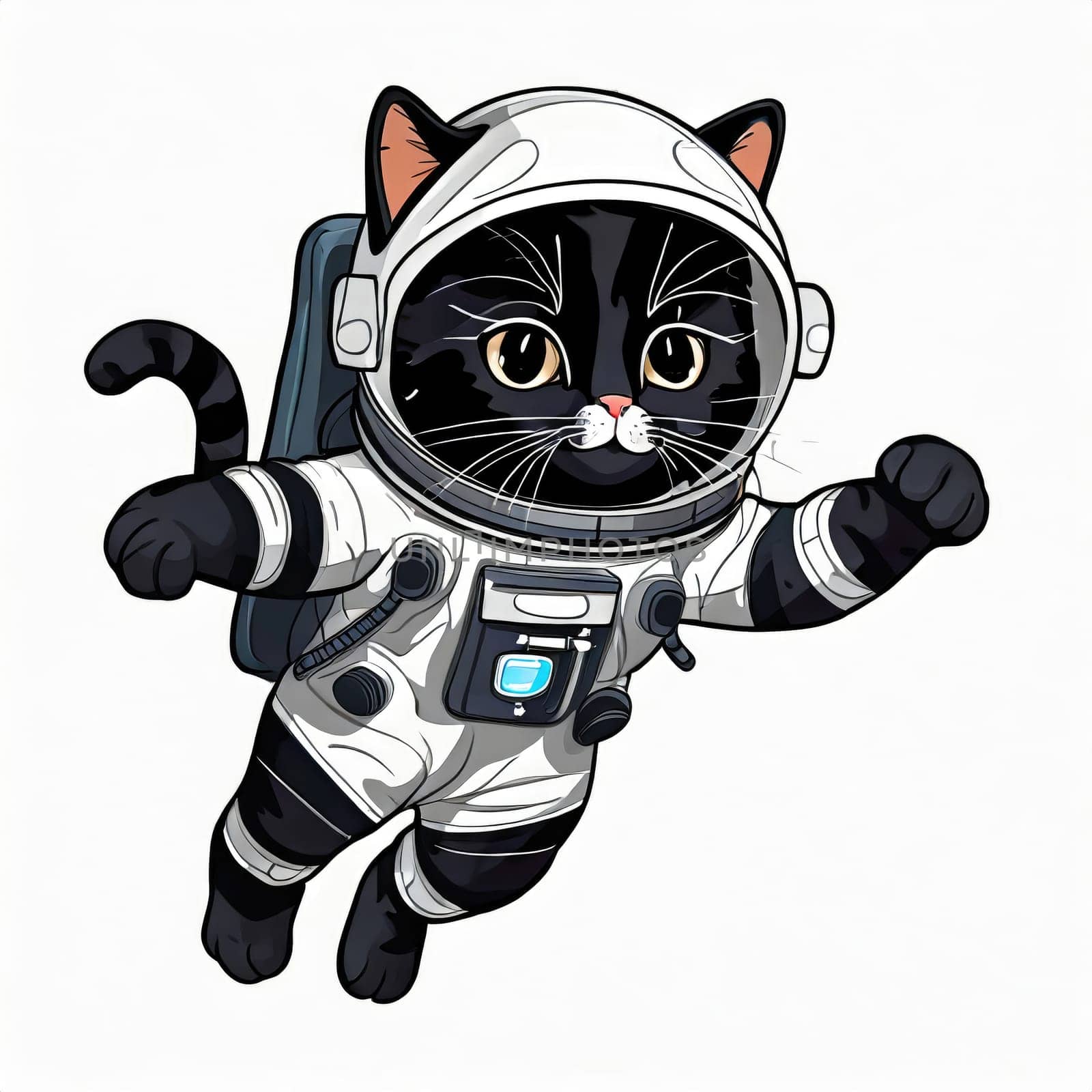 Anime cute a cat in astronaut uniform on flying, white background 