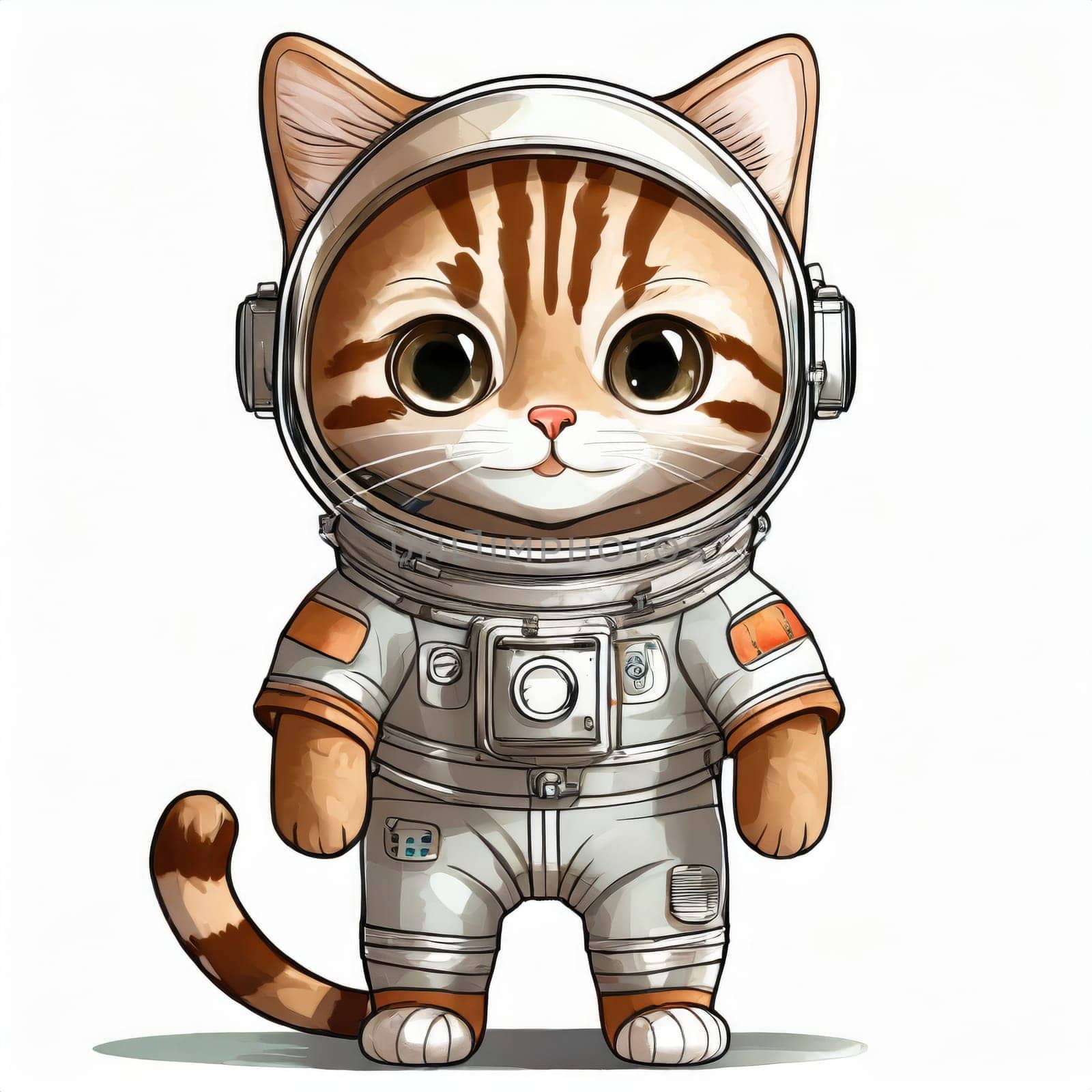 Anime cute a cat in astronaut uniform on flying, white background . AI generated. by PeaceYAY