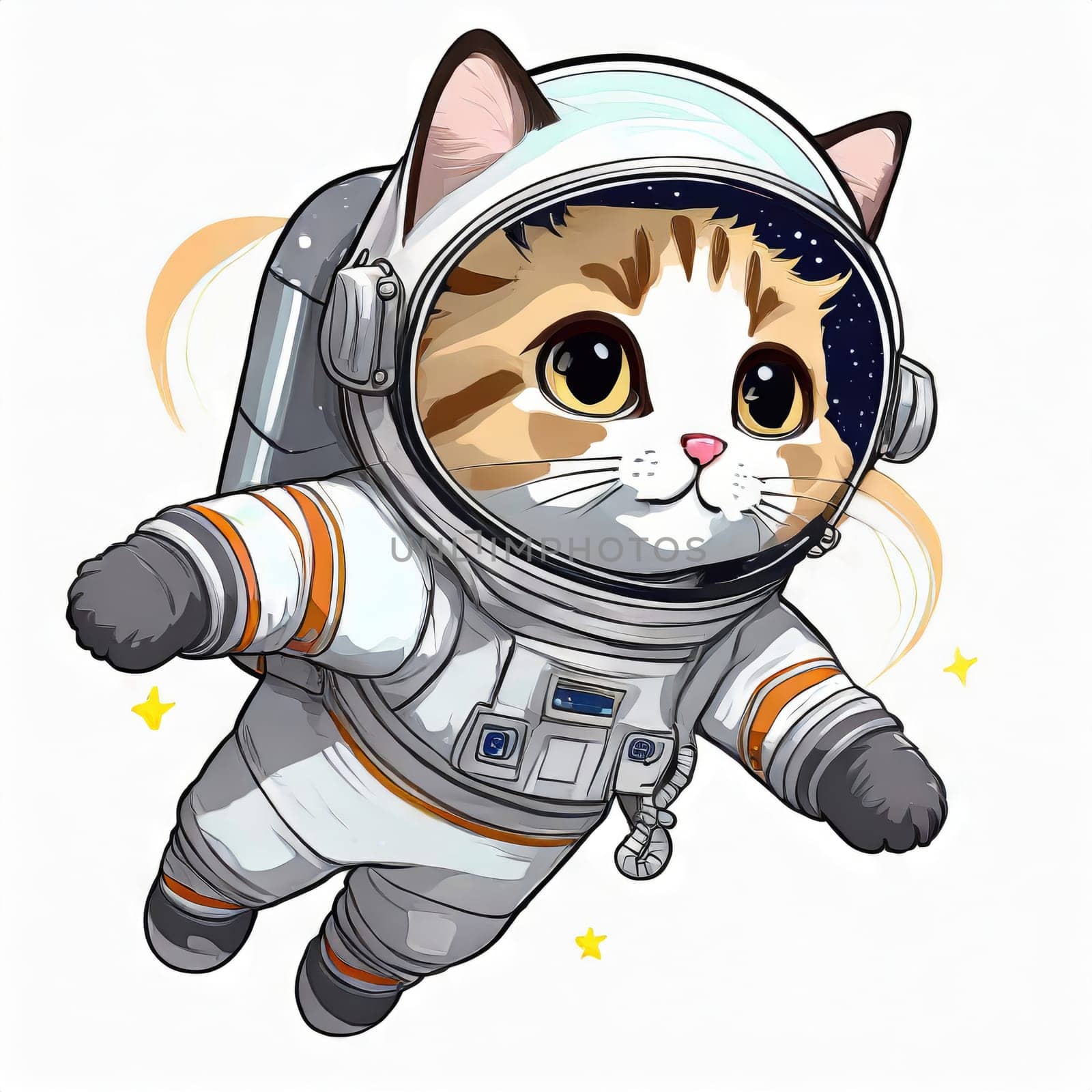 Anime cute a cat in astronaut uniform on flying, white background 