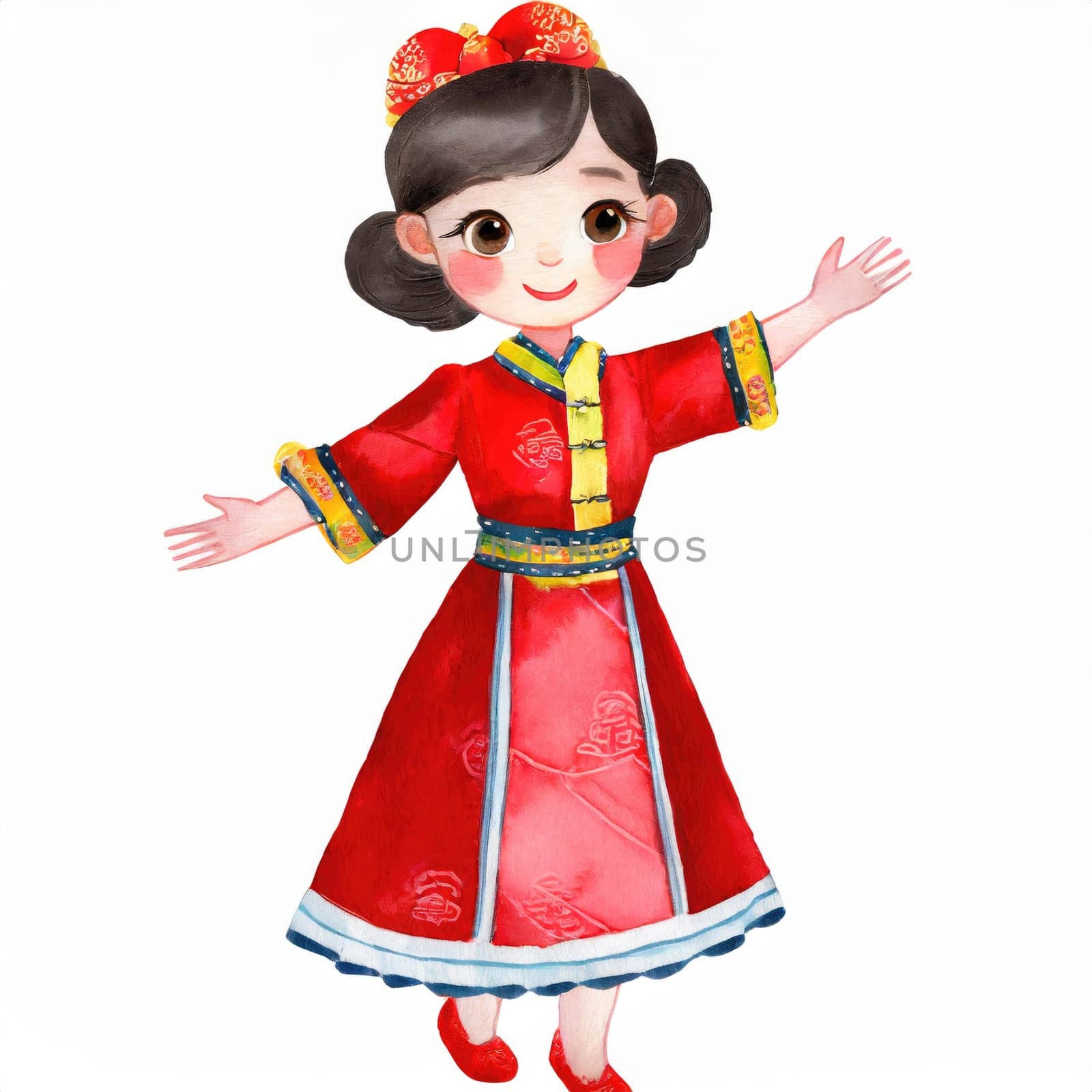 watercolors style, full body of cartoon cute chiness kid character with Chinese dress. AI generated. by PeaceYAY