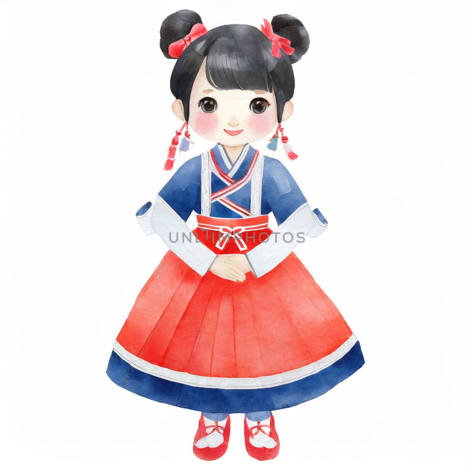 watercolors style, full body action of cartoon cute Potrait kid with Korean dress. AI generated. by PeaceYAY