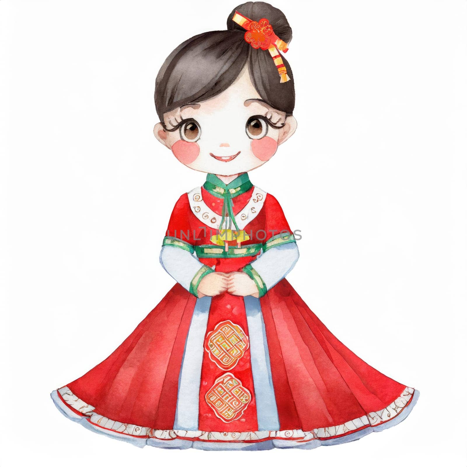 watercolors style, full body of cartoon cute chiness kid character with Chinese dress