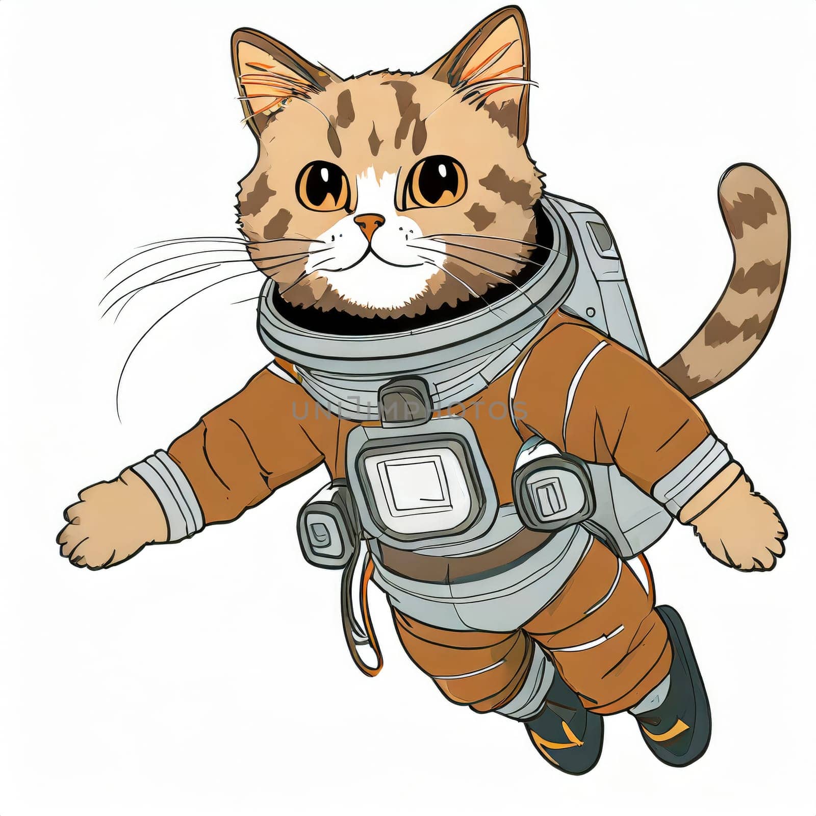 Anime cute a cat in astronaut uniform on flying, white background . AI generated. by PeaceYAY