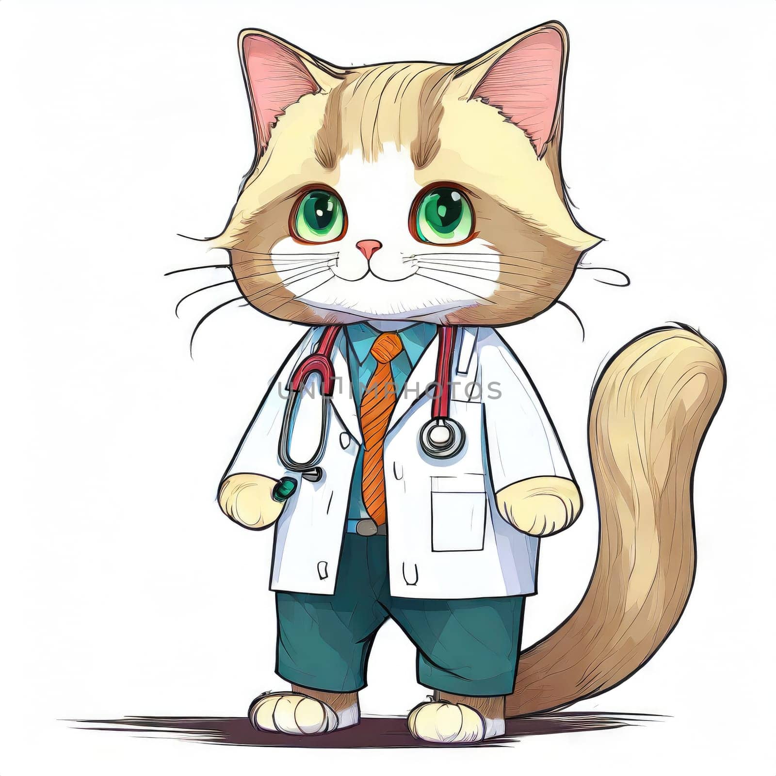 Anime cute a cat in doctor uniform on white background. AI generated. by PeaceYAY