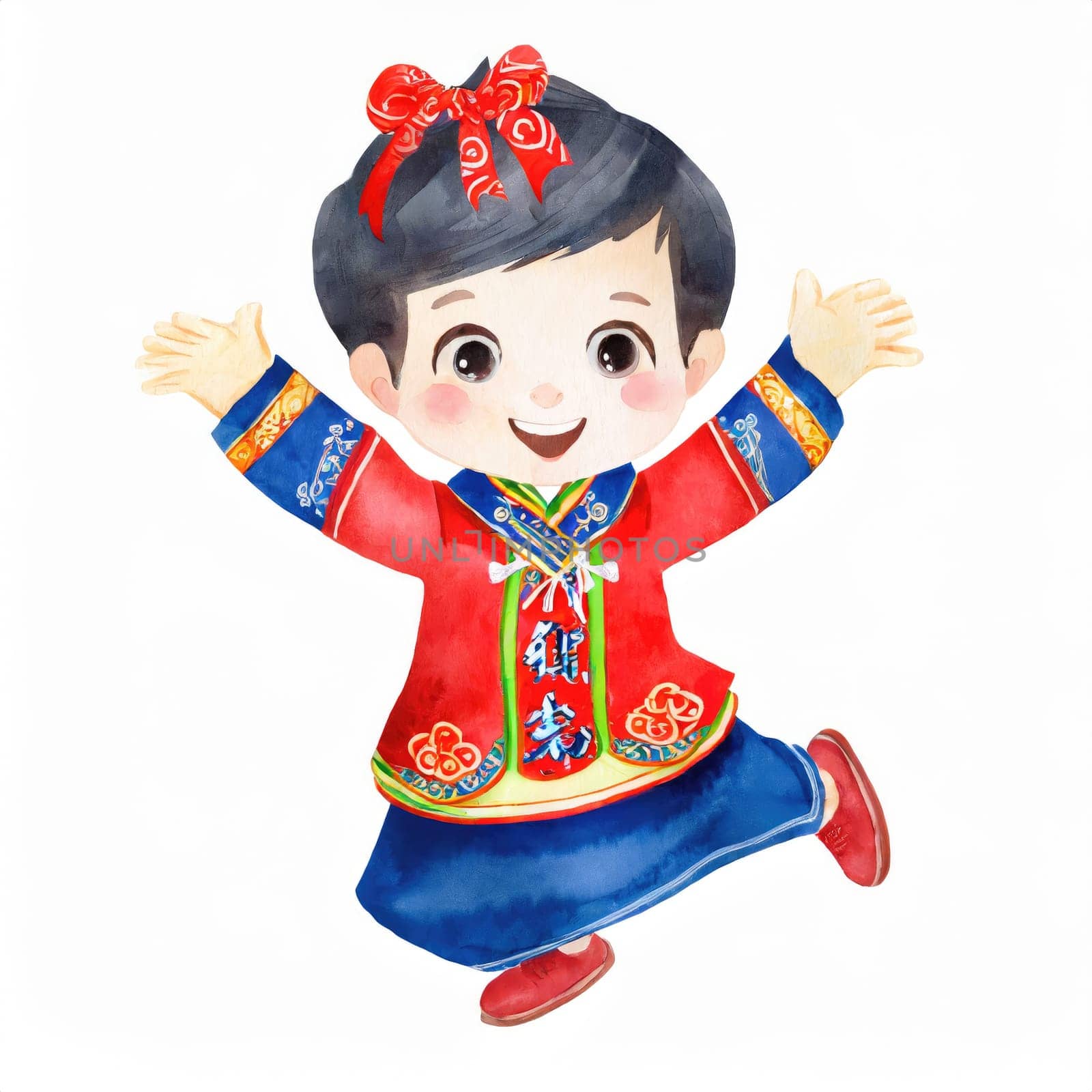 watercolors style, full body jumping action of cartoon cute Potrait kid character with Chiness dress. AI generated. by PeaceYAY