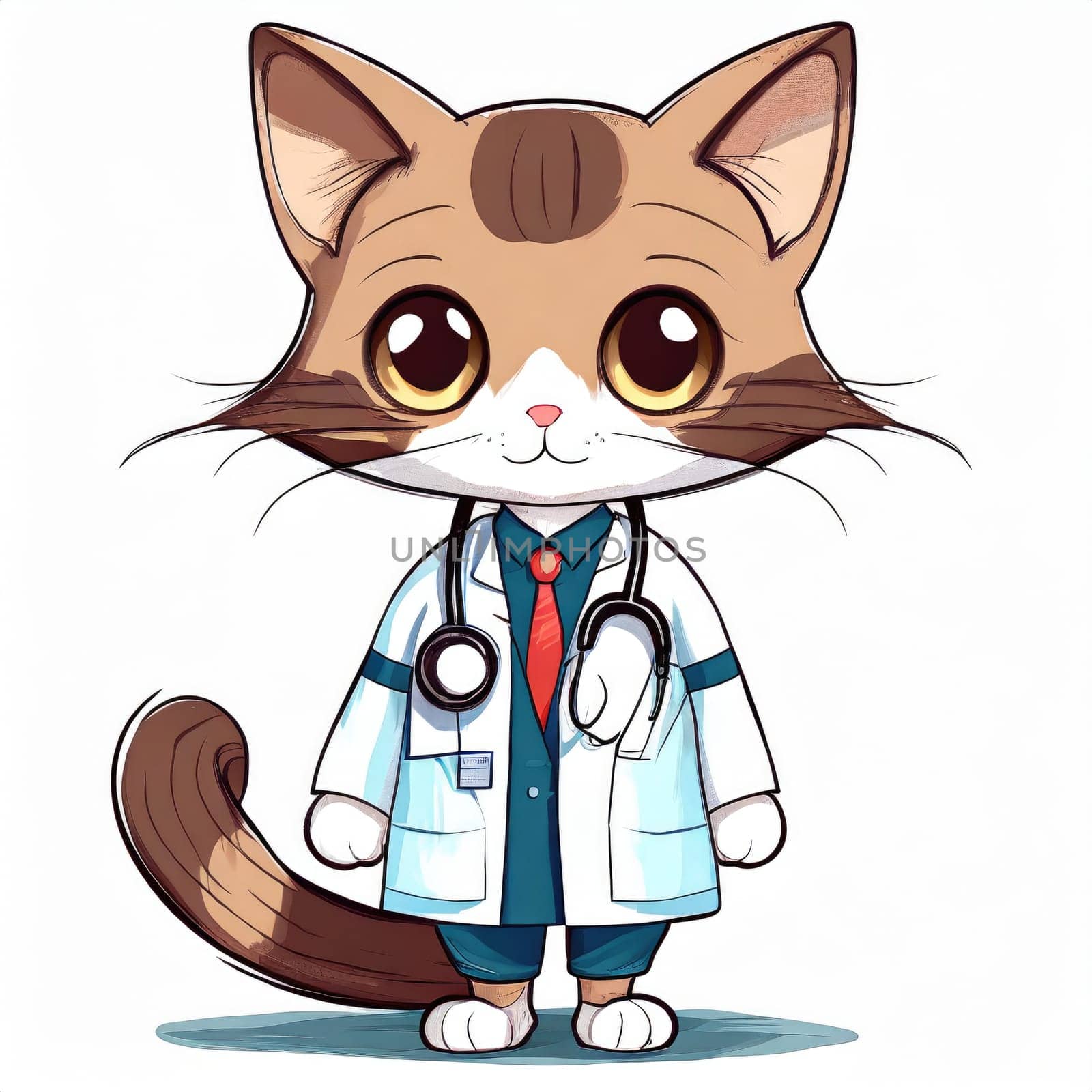 Anime cute a cat in doctor uniform on white background. AI generated. by PeaceYAY