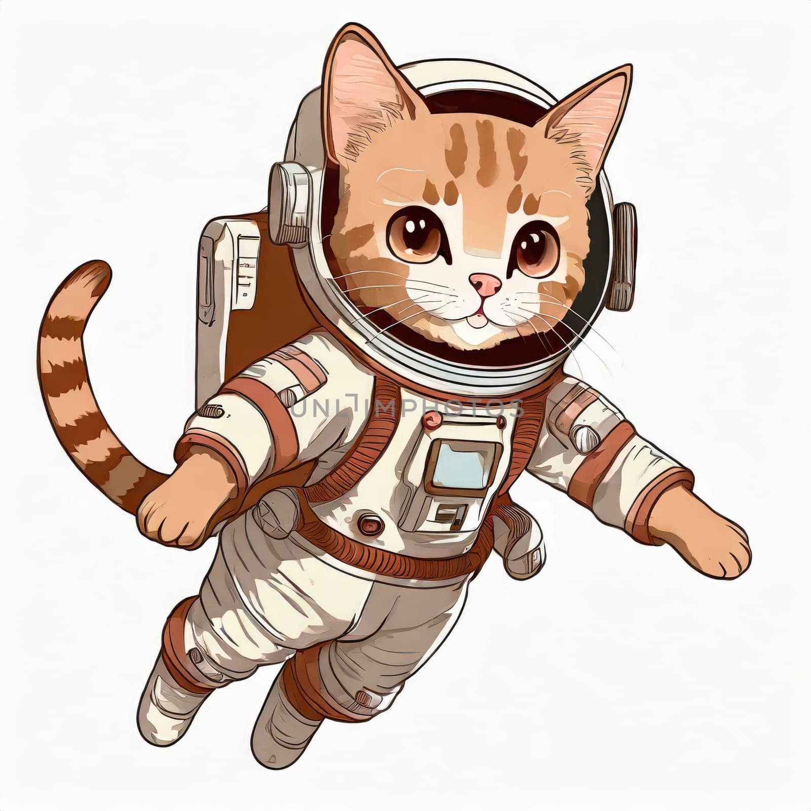 Anime cute a cat in astronaut uniform on flying, white background . AI generated. by PeaceYAY