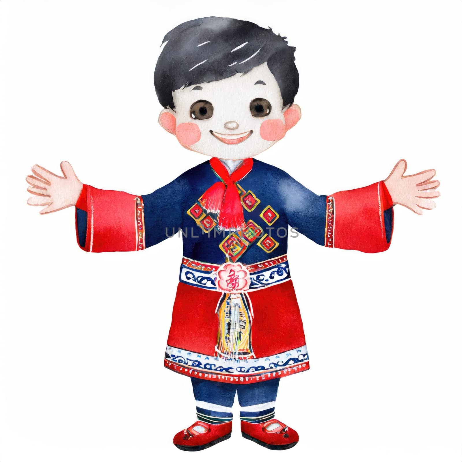 watercolors style, full body of cartoon cute chiness kid character with Chinese dress. AI generated. by PeaceYAY