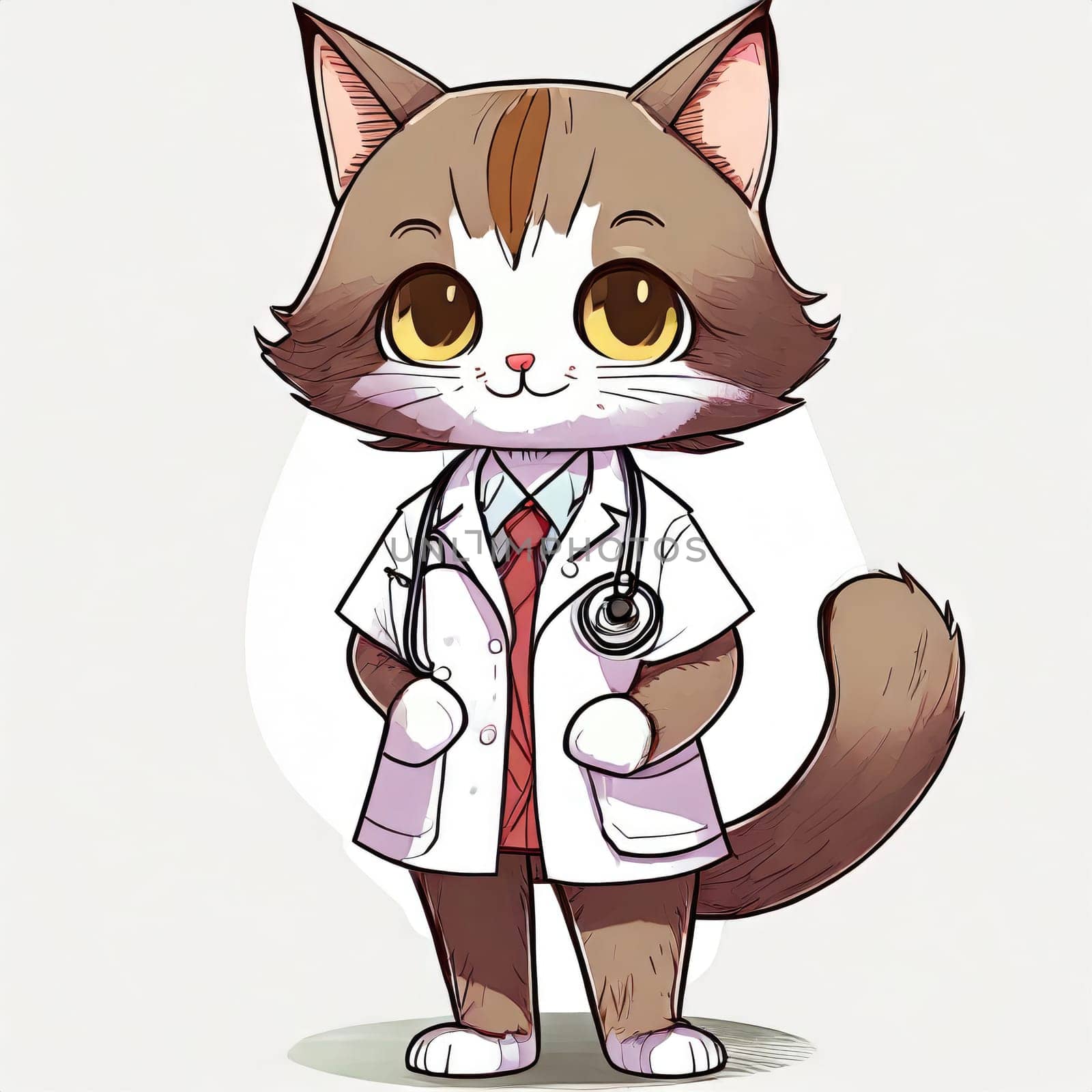 Anime cute a cat in doctor uniform on white background. AI generated. by PeaceYAY