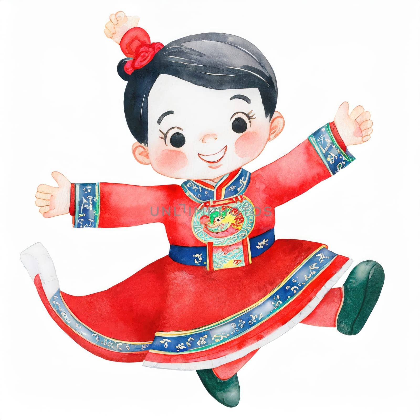 watercolors style, full body jumping action of cartoon cute Potrait kid character with Chiness dress.