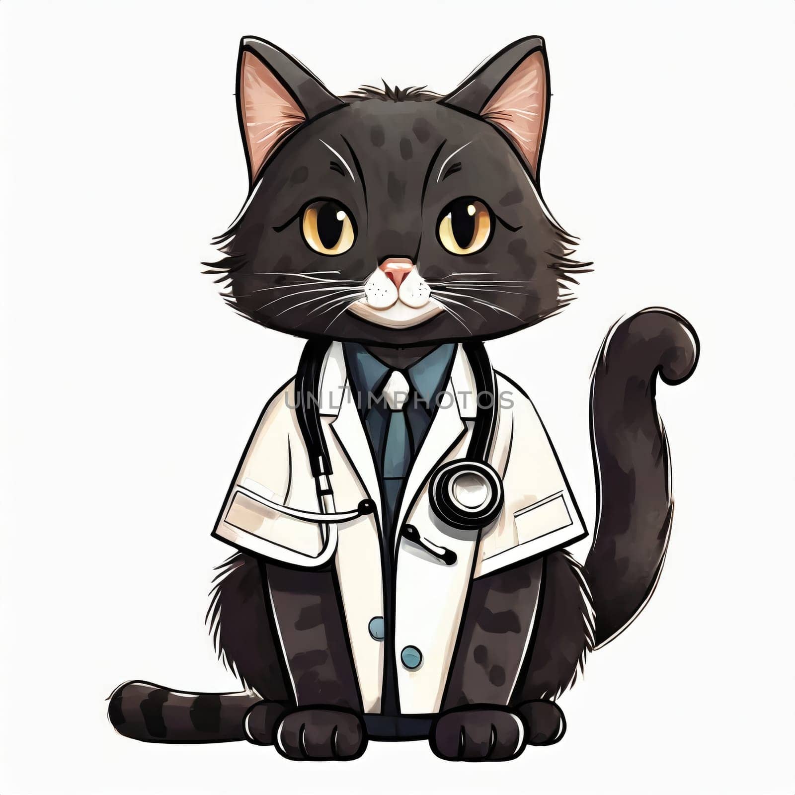 Anime cute a cat in doctor uniform on white background. AI generated. by PeaceYAY
