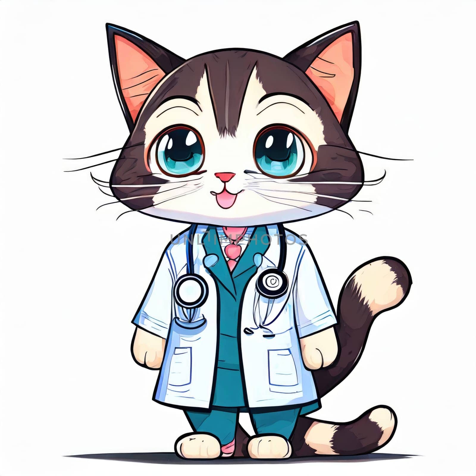 Anime cute a cat in doctor uniform on white background. AI generated. by PeaceYAY