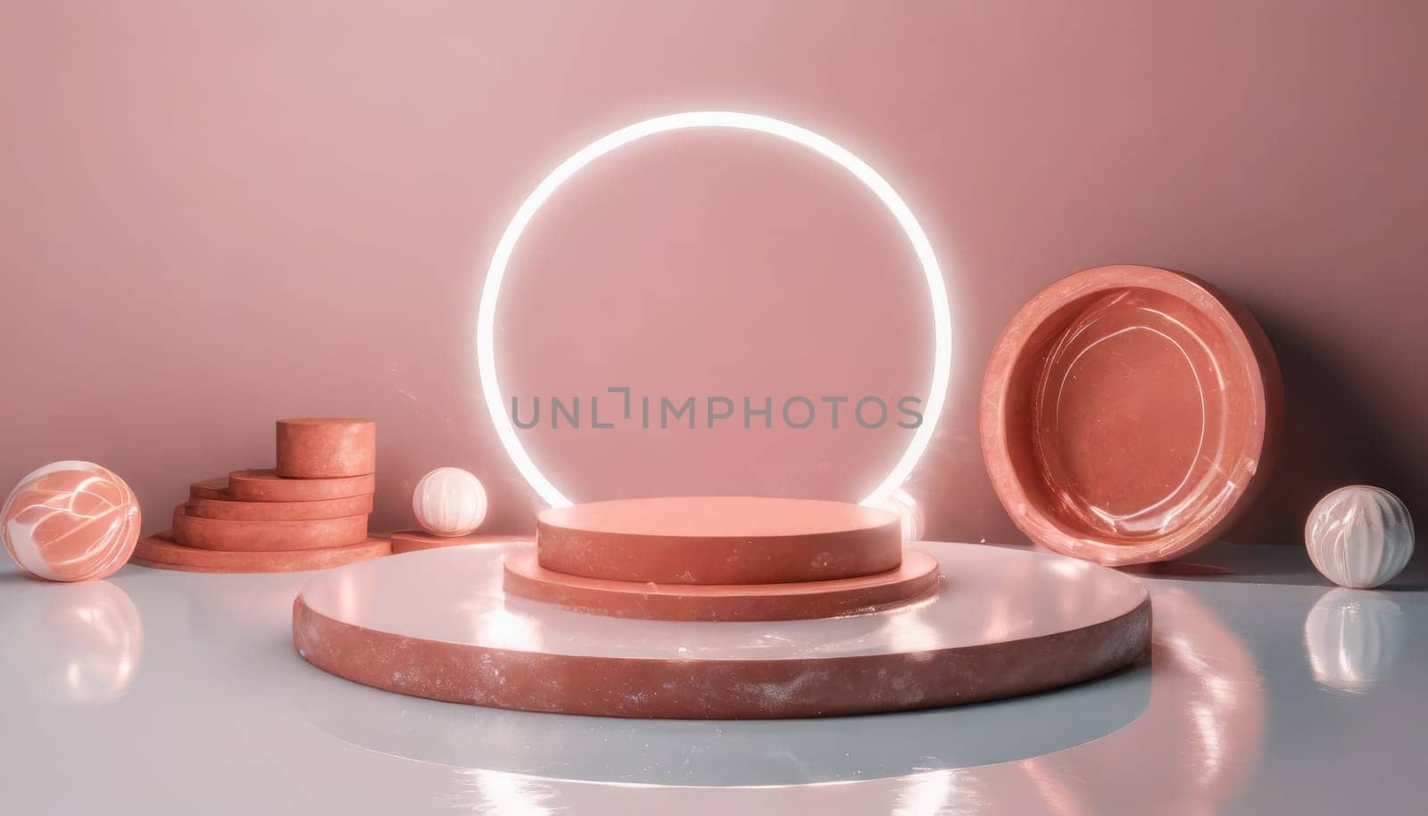 pink platform with neon shining and transparent glass rings. Geometric shapes composition with empty space for product design show.. AI generated. by PeaceYAY