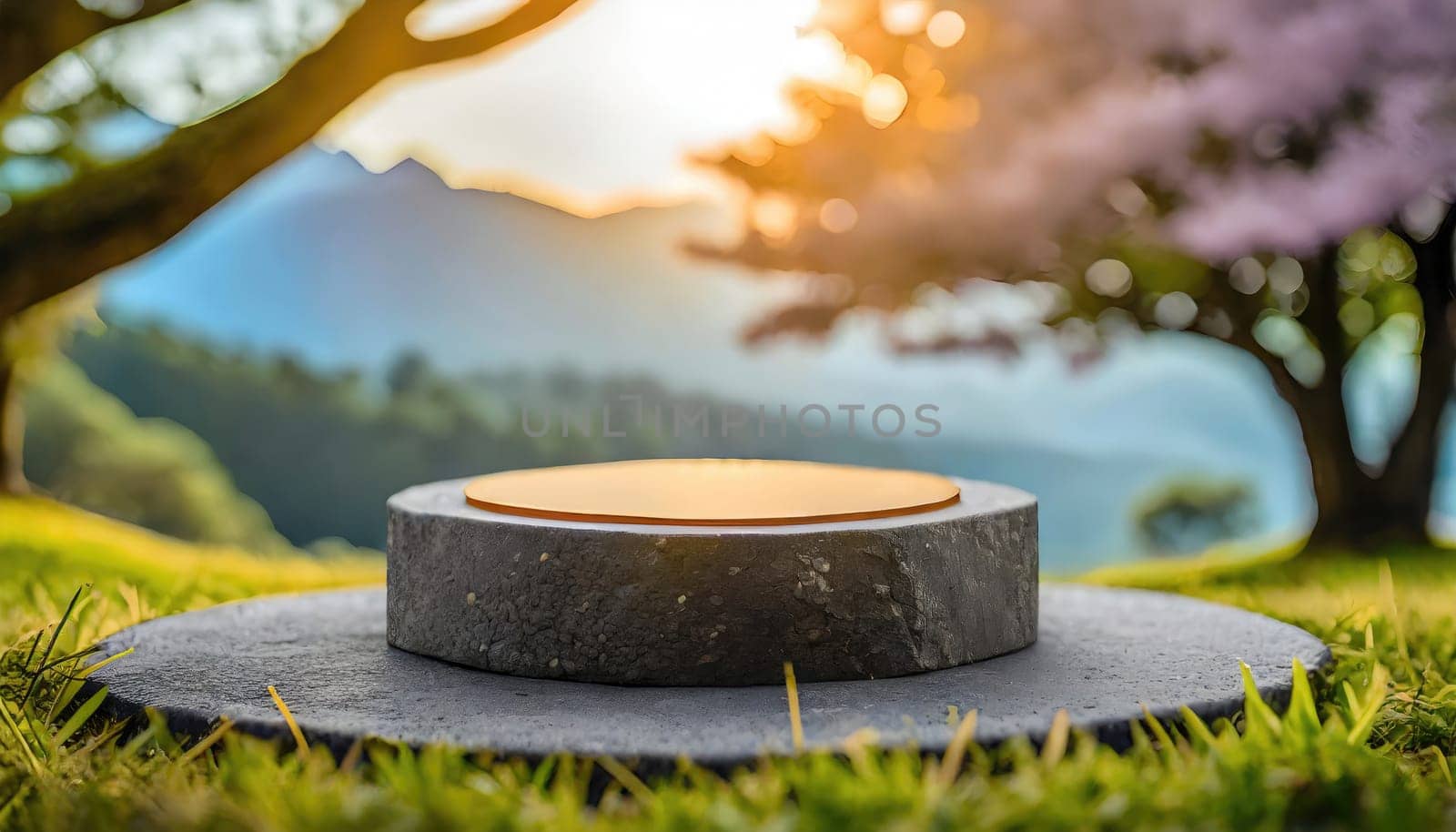 3D products podium rock stone on background with sakura flower, minimal scene for product placement, pedestal. AI generated. by PeaceYAY