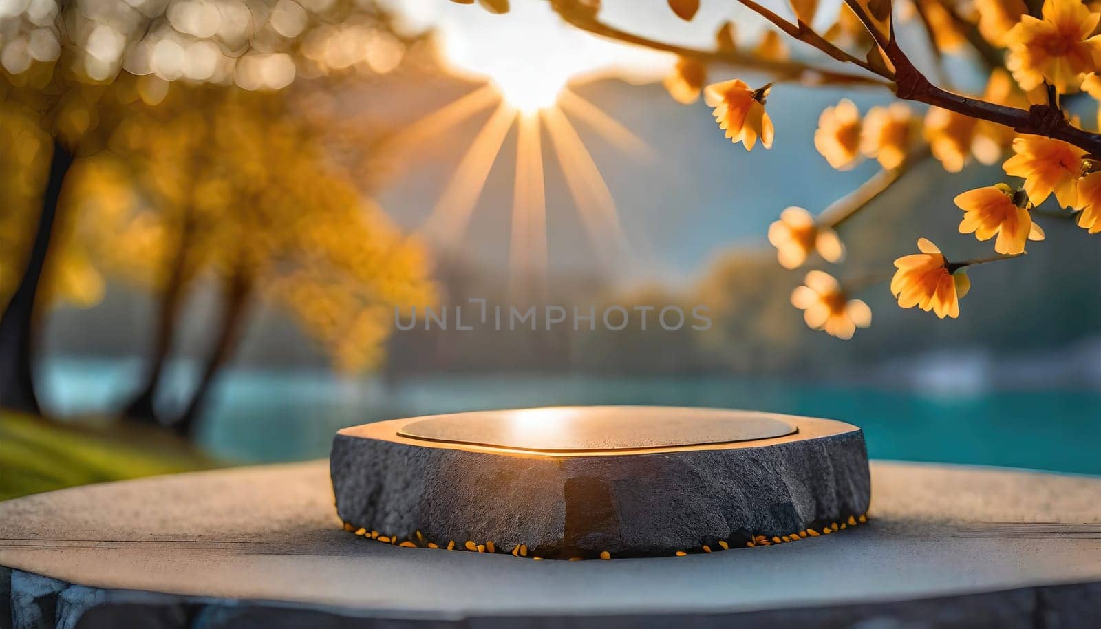 3D products podium rock stone on background with sakura flower, minimal scene for product placement, pedestal. AI generated. by PeaceYAY