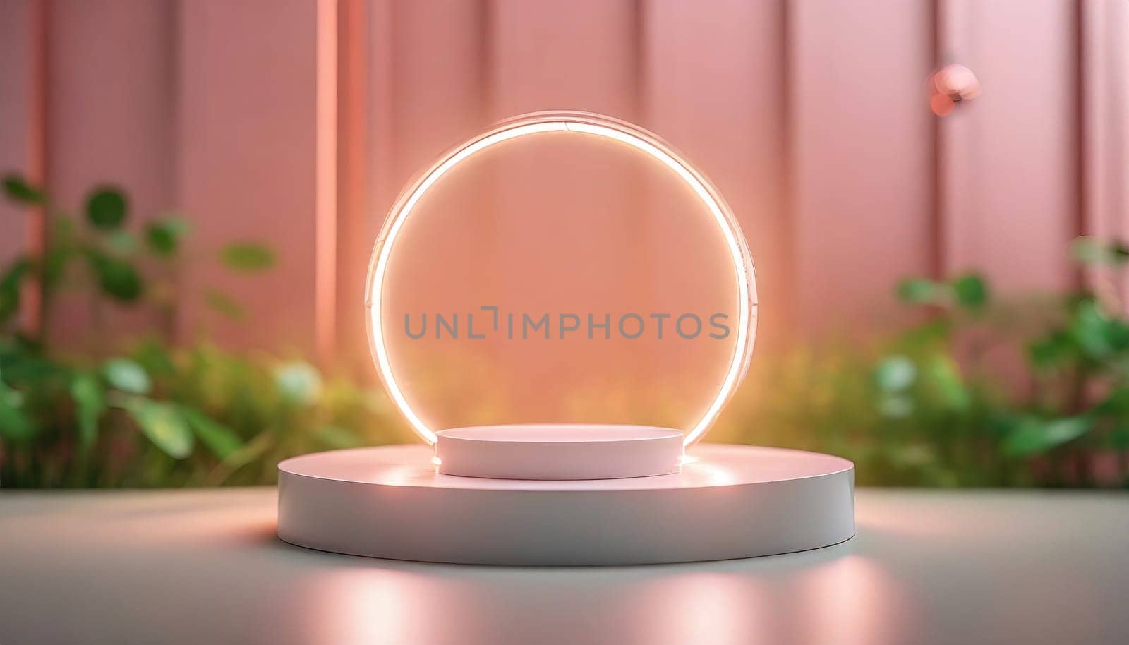Valentine concept. 3d products podium with pink neon and Plants background. AI generated. by PeaceYAY