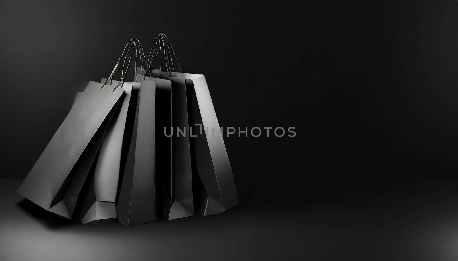 Black Friday concept. black paper shopping bags on black background. Black friday banner sale, shopping.