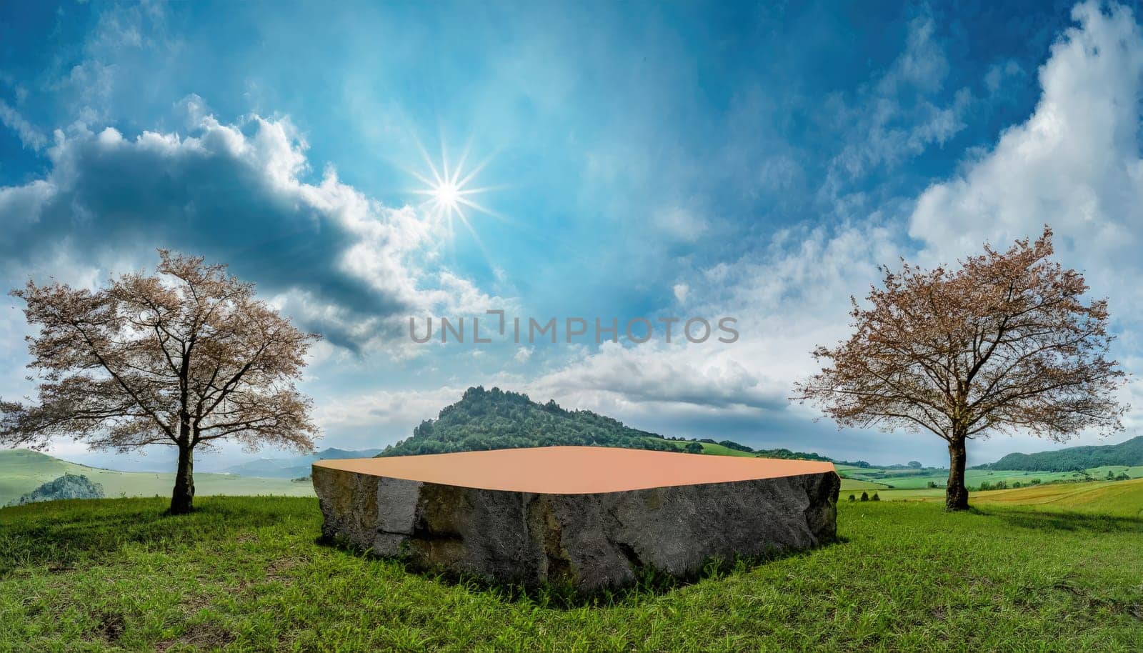 3D products podium rock stone with landscape background, minimal scene for product placement, pedestal,