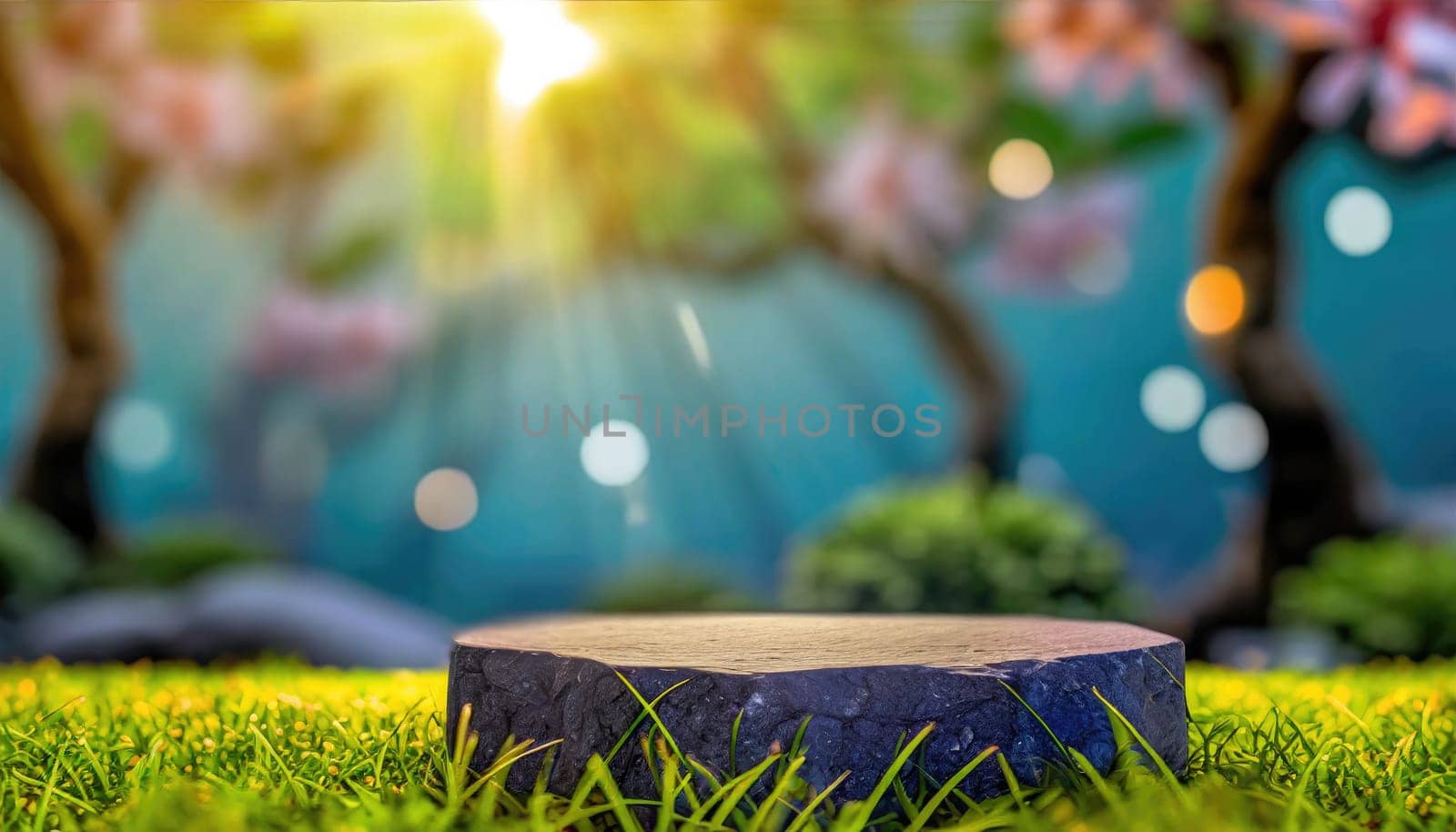 3D products podium rock stone on background with sakura flower, minimal scene for product placement, pedestal