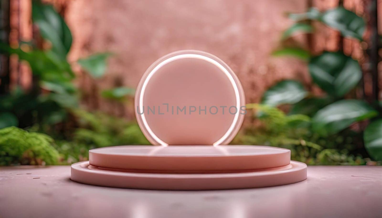 Valentine concept. 3d products podium with pink neon and Plants background.
