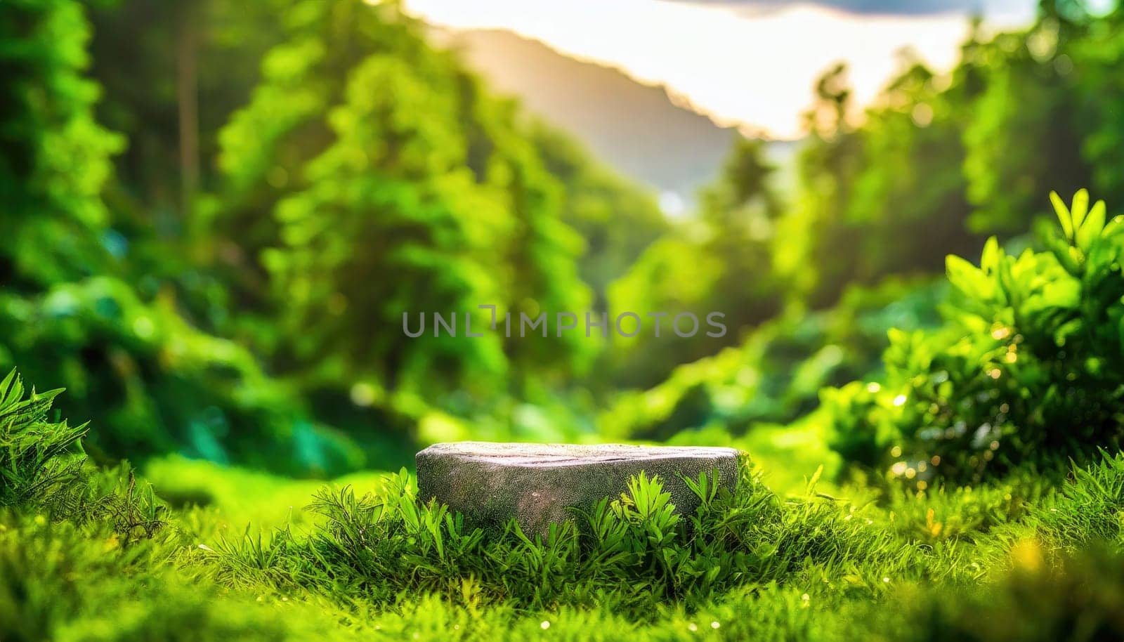 3D display podium green background with natural green grass and sun shadow. Nature minimal pedestal, beauty, cosmetic product presentation. AI generated. by PeaceYAY