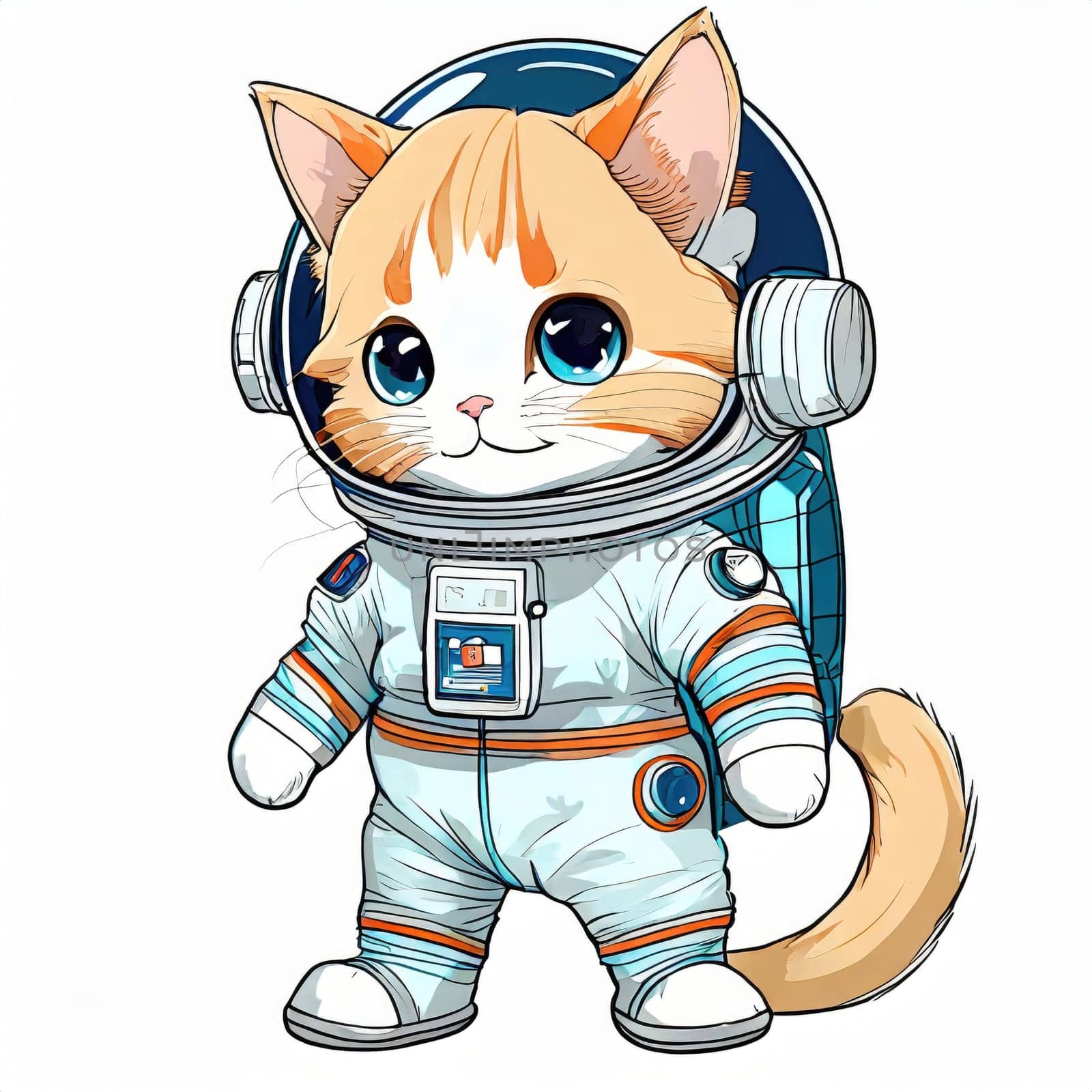 Anime cute a cat in astronaut uniform on flying, white background 