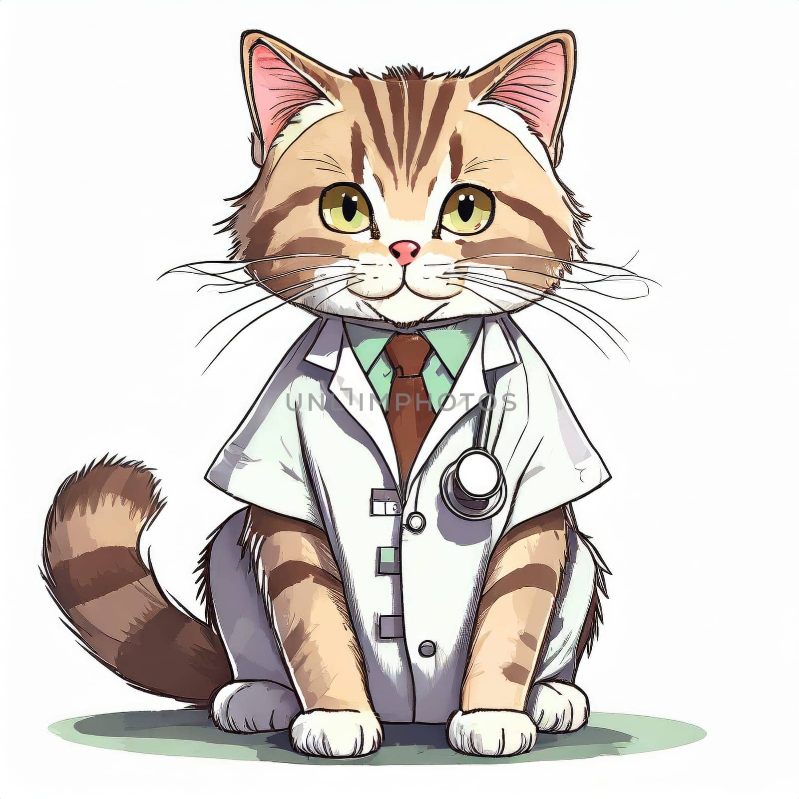 Anime cute a cat in doctor uniform on white background. AI generated. by PeaceYAY