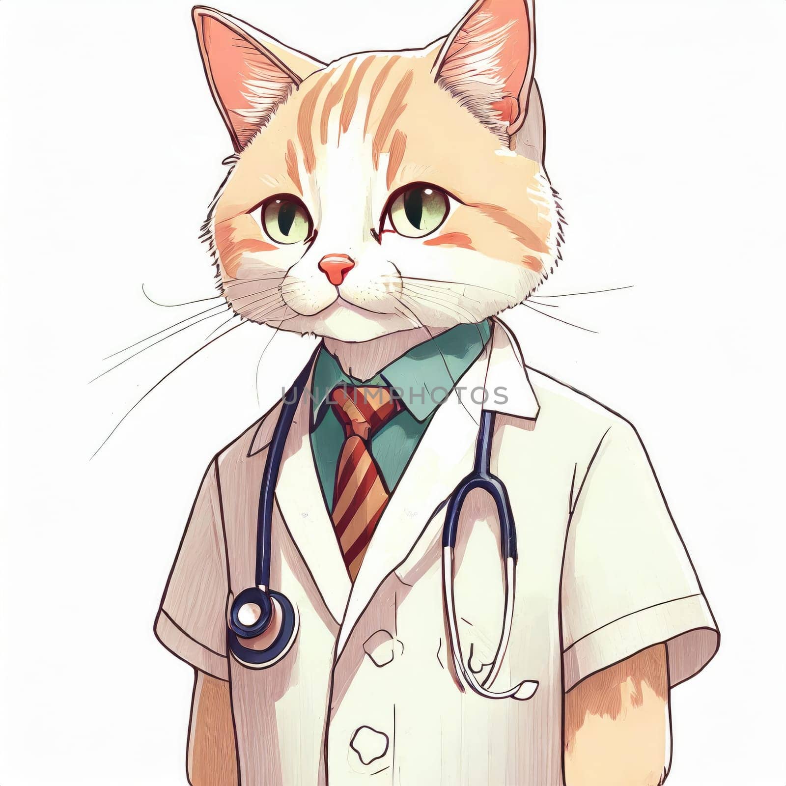 Anime cute a cat in doctor uniform on white background. AI generated. by PeaceYAY