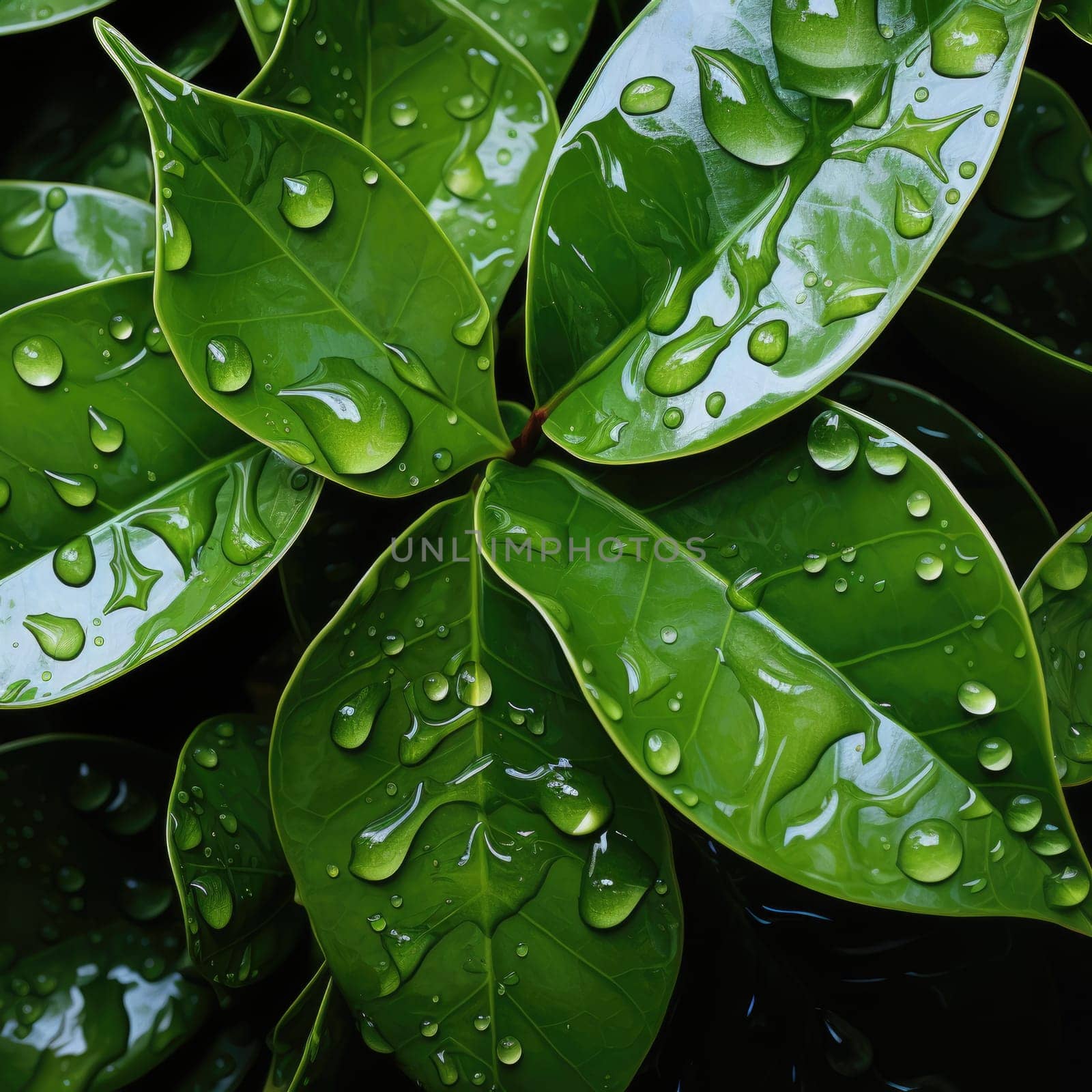 Spring summer natural background. closeup of water drops on tea leaves. AI Generated